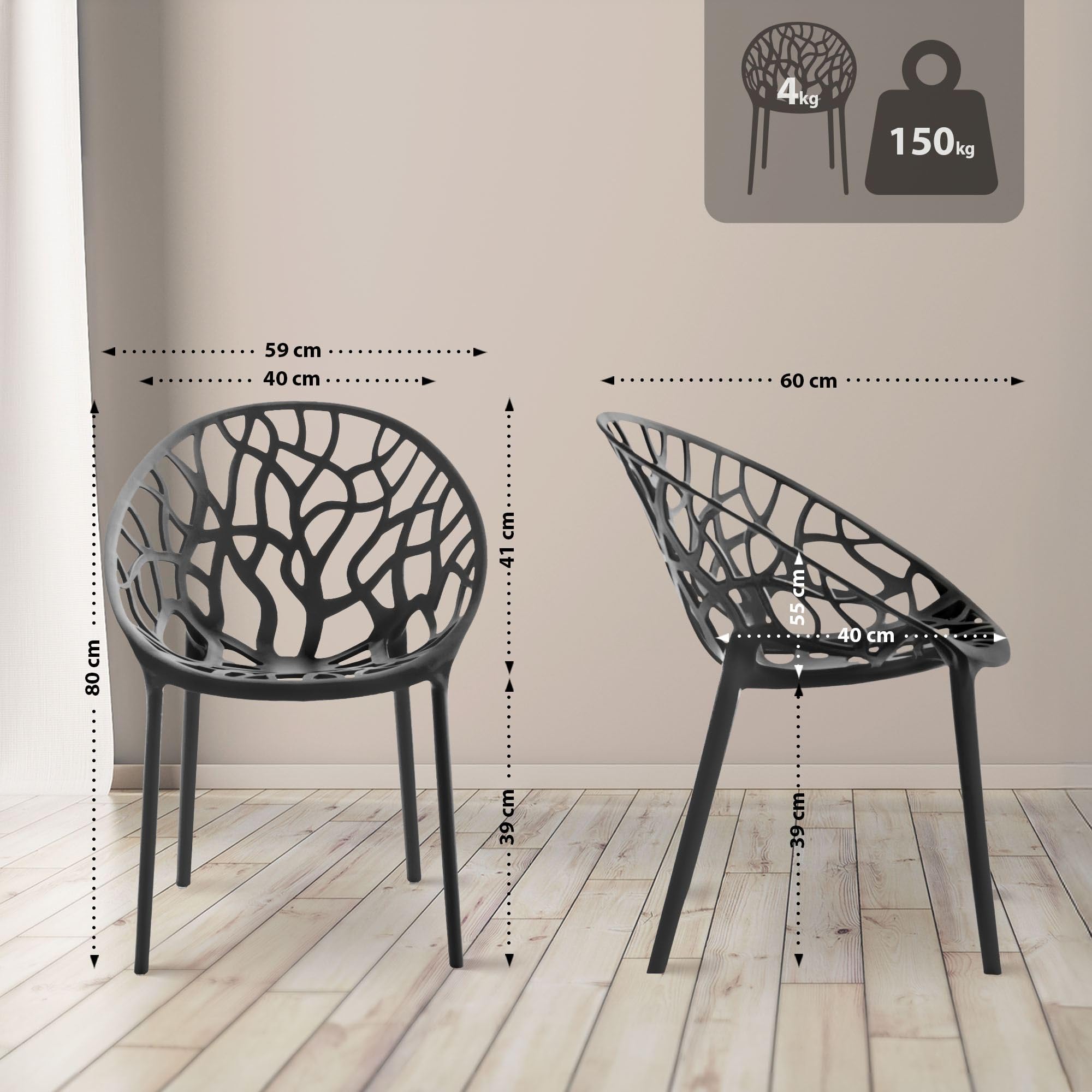 CLP Hoscana Set da Giardino, Tavolo Rotondo Lacota Ø60 cm con 2 sedie Hope impilabili, Resistente alle intemperie e ai Raggi UV, Polipropilene, Colore:Nero