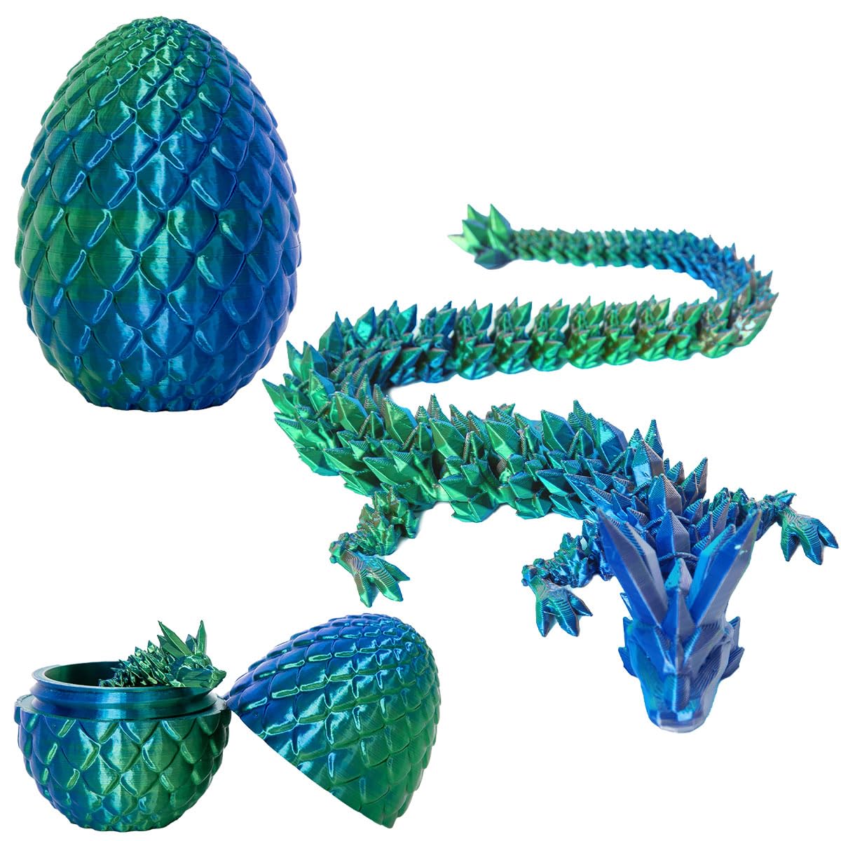 3D Printed Dragon Eggs with Dragon Inside, 12In Laser Blue Green Dragon Egg Fidget Toy, Executive Desk Articulated Dragon Toy, Home Office Decor