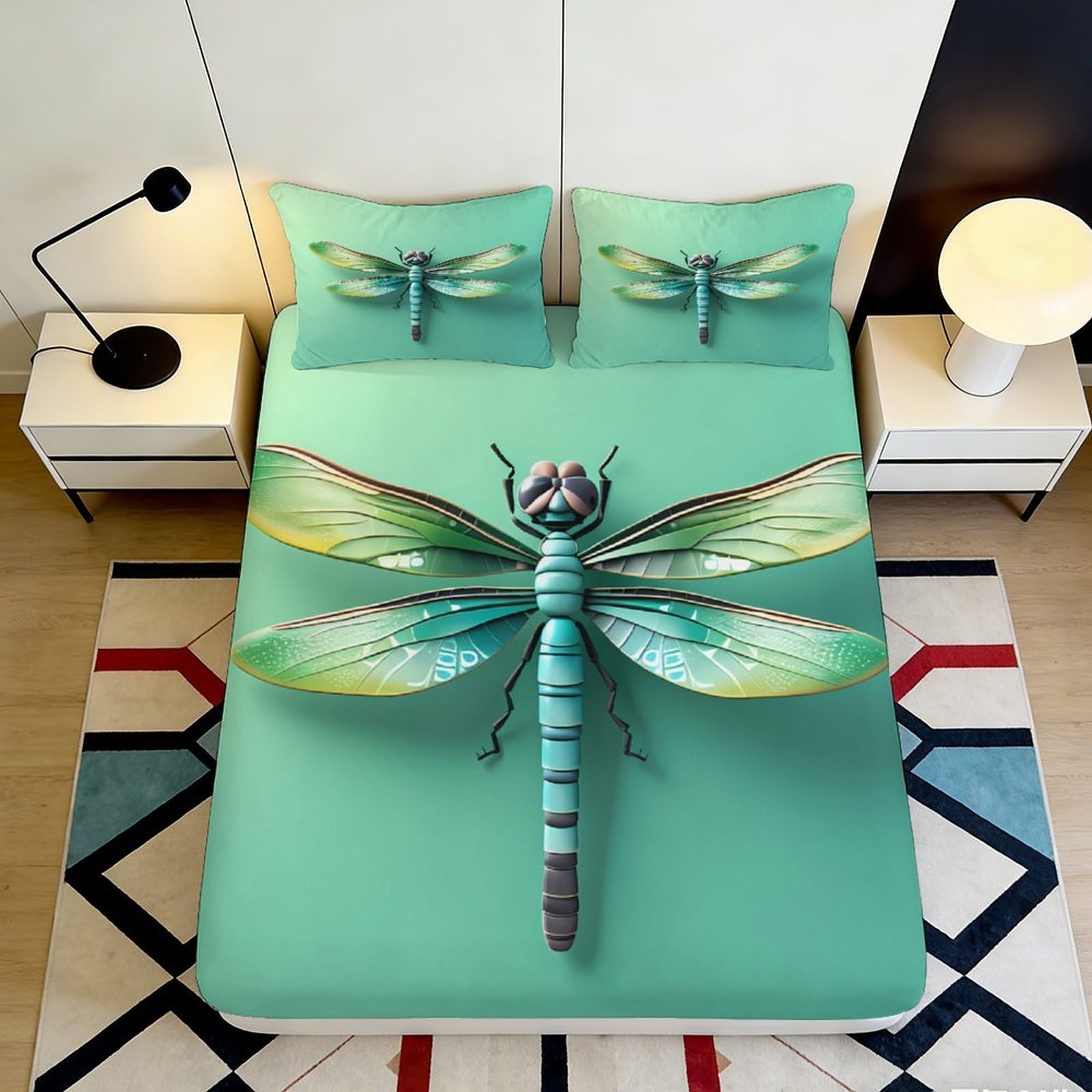 3D Printed Dragonfly Art Fitted Sheet Microfiber Soft Green Insect Mattress Cover for Bedroom Guest Room Decor 120x200x25cm