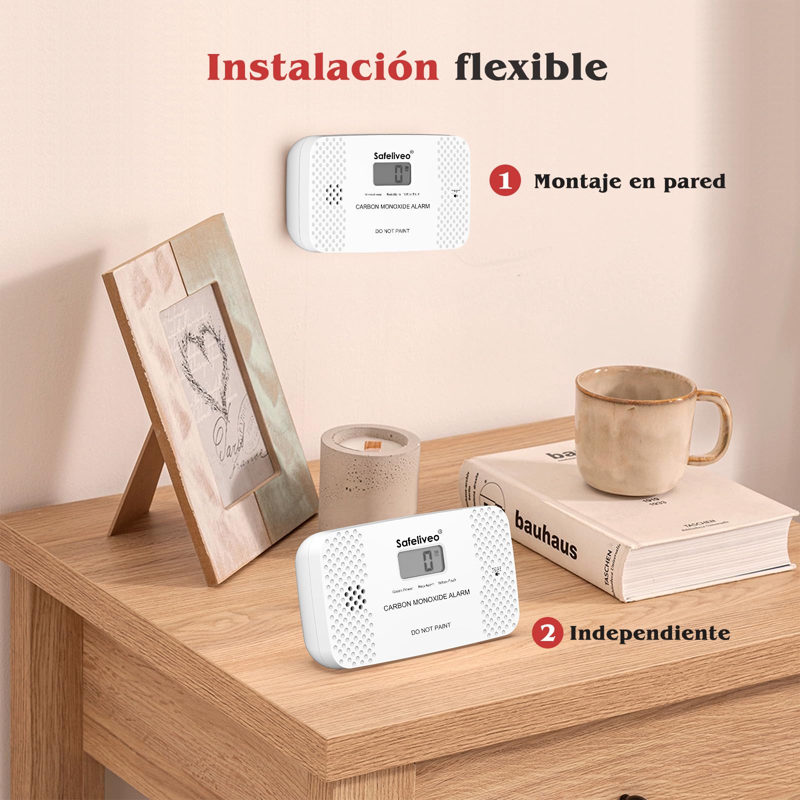 Safeliveo Detector de Monóxido de Carbono con Pantalla LCD,con Batería Reemplazable y botón de Prueba,Certificado EN 50291,Monitor Detector de CO Portátil para Hogar,Viajar y Caravanas -1 Pieza