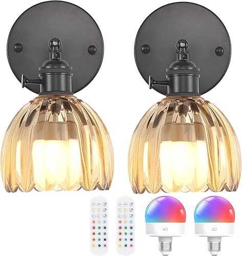 Miniatura 50 de Candelabro de Pared Vintage Operado por Batería con Linda Lámpara de Vidrio Transparente de Tulipán, Luz de Pared Recargable Inalámbrica Alimentada