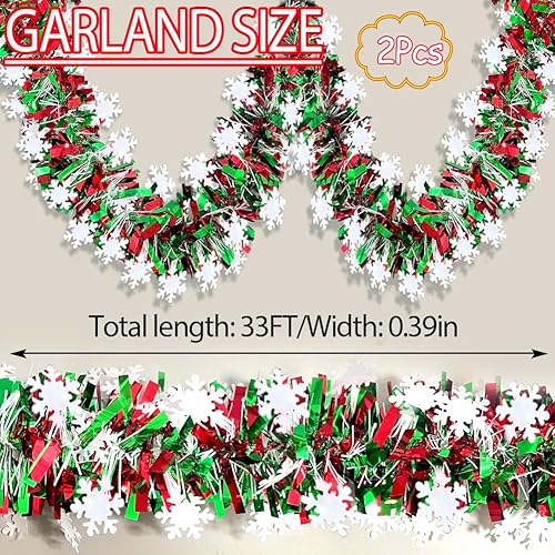 Miniatura 5 de Guirnalda de oropel de Navidad de 66 pies, brillante, gruesa, roja y verde, con diseño de copo de nieve, decoración de árbol de Navidad, guirnalda