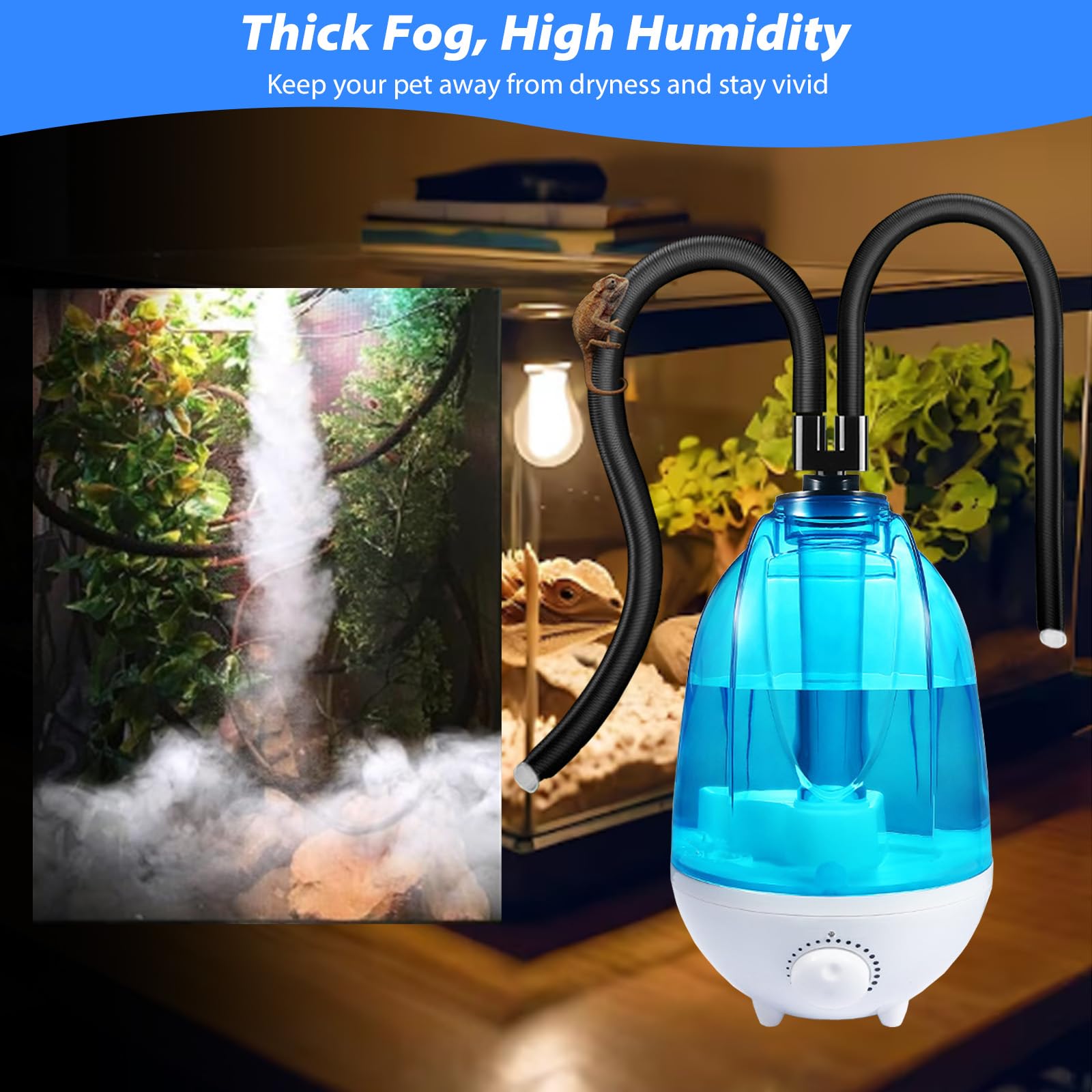 Reptilie Luftbefeuchter Terrarium, 4L Reptilien Luftbefeuchter 300mL/h Mit 7 Farben der Nachtlichtfunktion, Terrarium-Nebelgerät Mit verstellbarem Schlauch, Vaporizer Nebelmaschine mit Doppeldüse