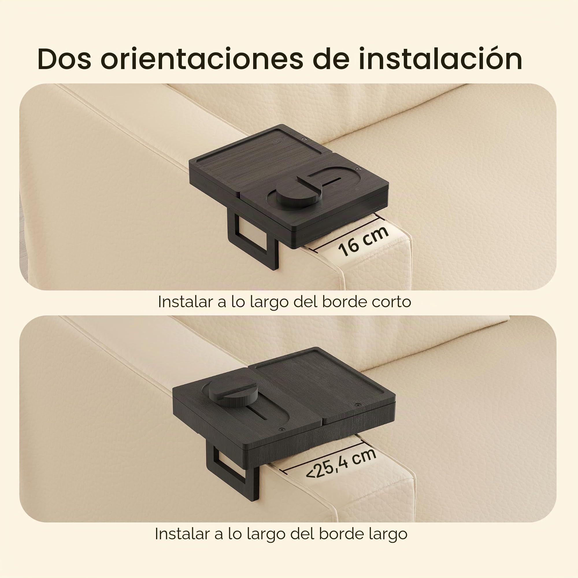 Wealone Bandeja negra para reposabrazos de sofá con 2 bandejas giratorias, mesa ajustable con clip para brazo de sofá con caja de almacenamiento y soporte para teléfono de 360°, mesa de reposabrazos