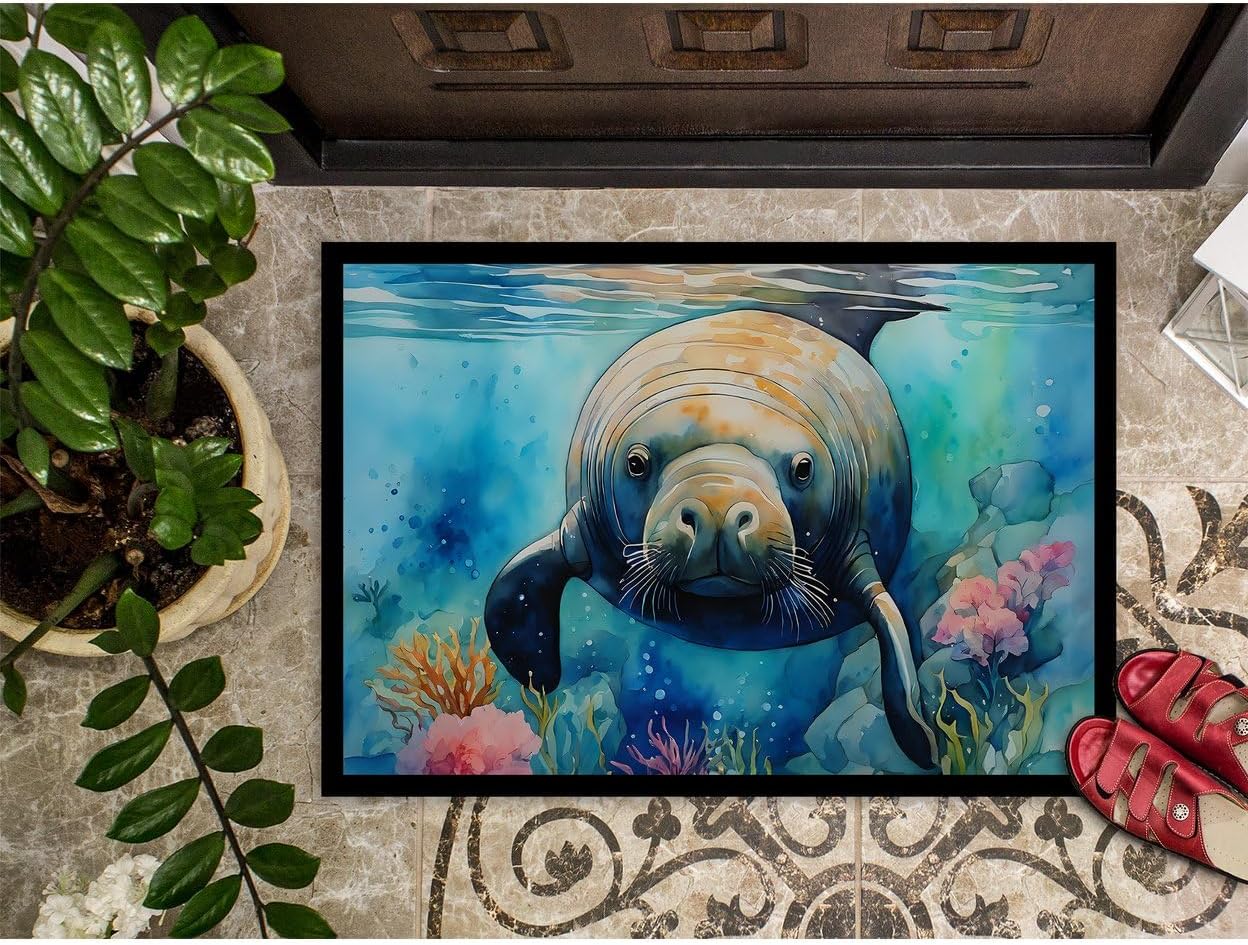 Caroline's Treasures DAC2814MAT Manatee Doormat Front Door Mat Indoor Outdoor Rugs for Entryway, Non Slip Washable Low Pile, 18H X 27W
