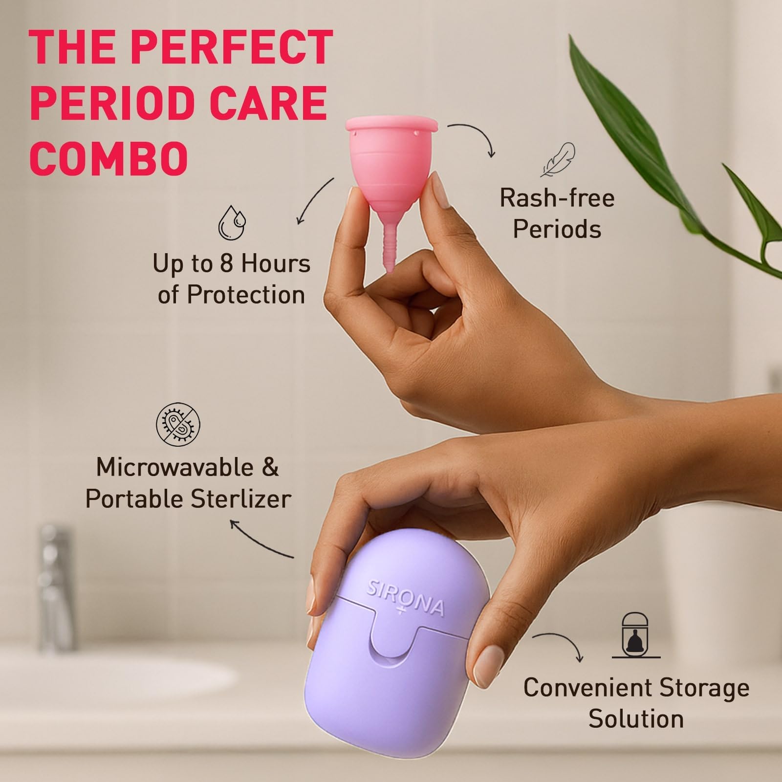 Sirona Reusable Menstrual Cup for Women (Medium) with Microwaveable Sterilizer (1 Cup + 1 Sterilier) | FDA Approved | 100% Medical Grade Silicone | Rash Free & Leak-Proof Protection for 8-10 Hours 1
