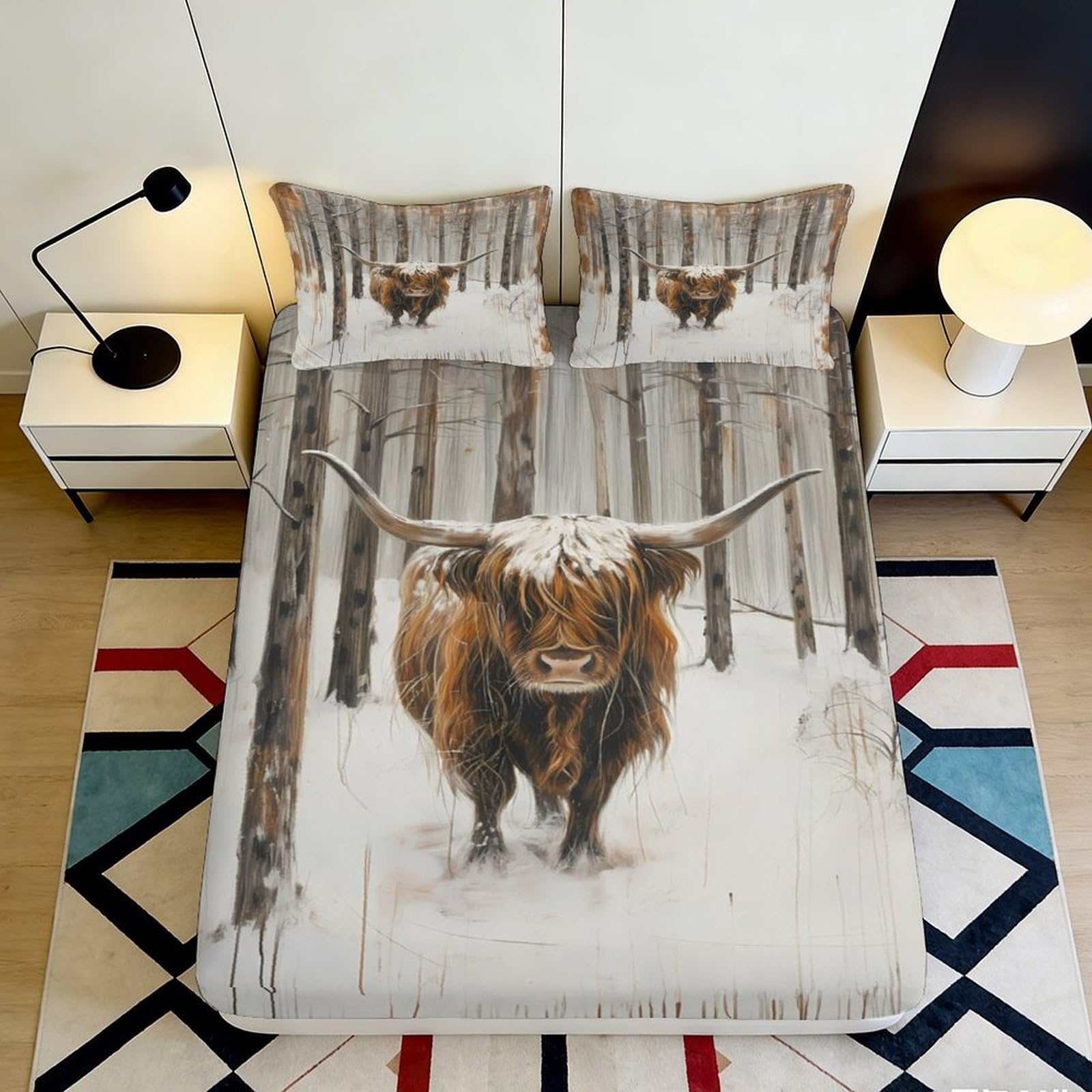 3D Printed Forest Bull Fitted Sheet Microfiber Deep Pocket Non-Slip Bedroom Bedding Bull Mattress Fitted Cover Washable for Adults Teens 120x200x25cm