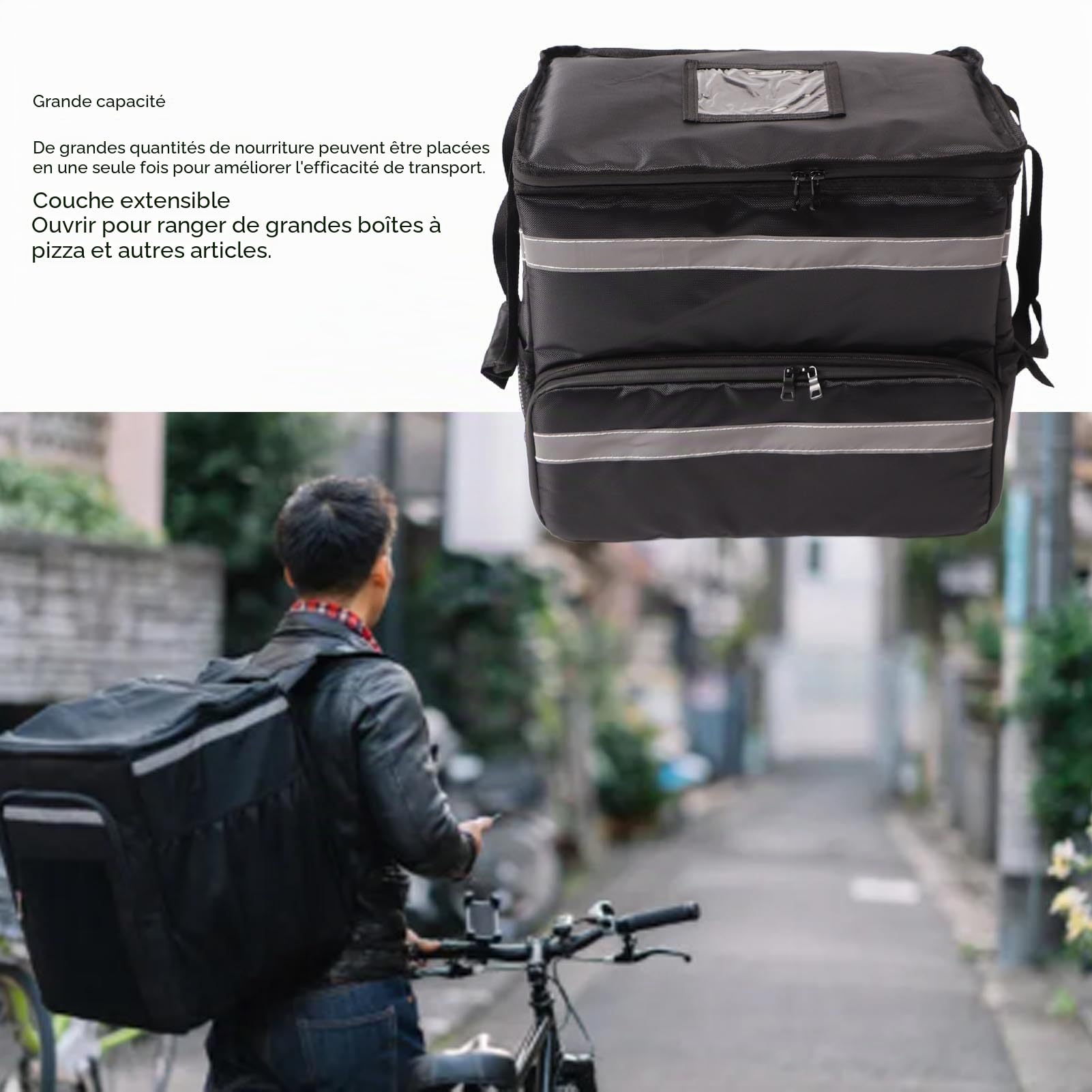 Asixxsix Sac à dos isolé pour livraison de pizza, Sac à dos thermique pour livraison de nourriture 50L Sac à dos imperméable pour épicerie chaude et froide avec couche extensible