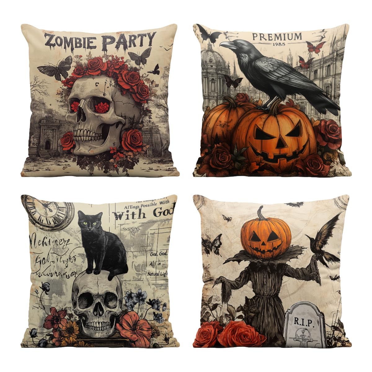 Halloween Pillow Covers 18x18 Inch Set of 4, Dark Gothic Skull Pumpkin Crow Black Cat Cushion Case Outdoor Sofa Throw Pillows Cover Garden Pillow