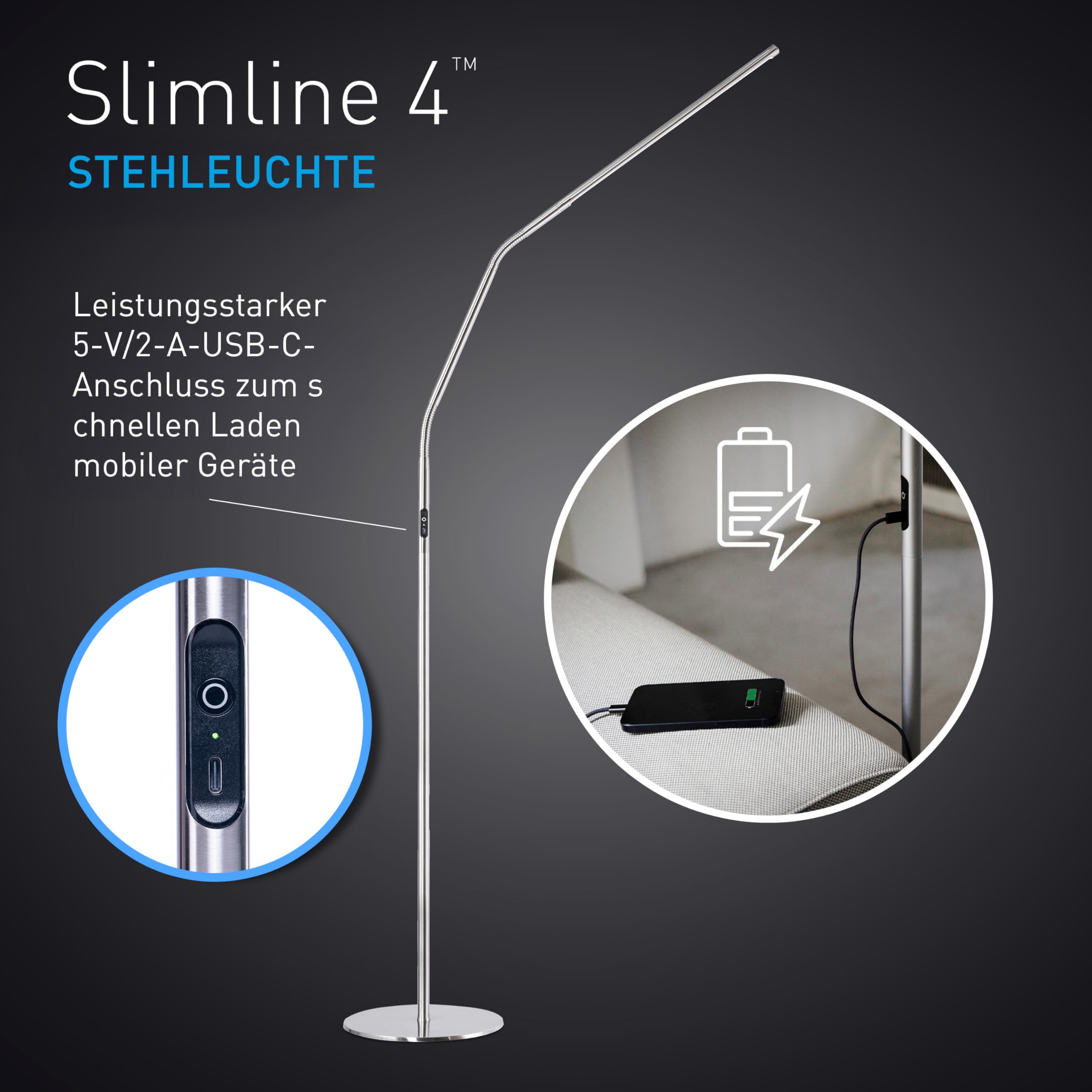 Daylight Slimline 4™ LED Stehlampe – 6000K, 3200 Lux, 4 Helligkeitsstufen, USB-C-Anschluss, Blendschutzschirm, Flexible Höhenverstellung, Stehleuchte für Zuhause & Wohnzimmer, Gebürsteter Stahl