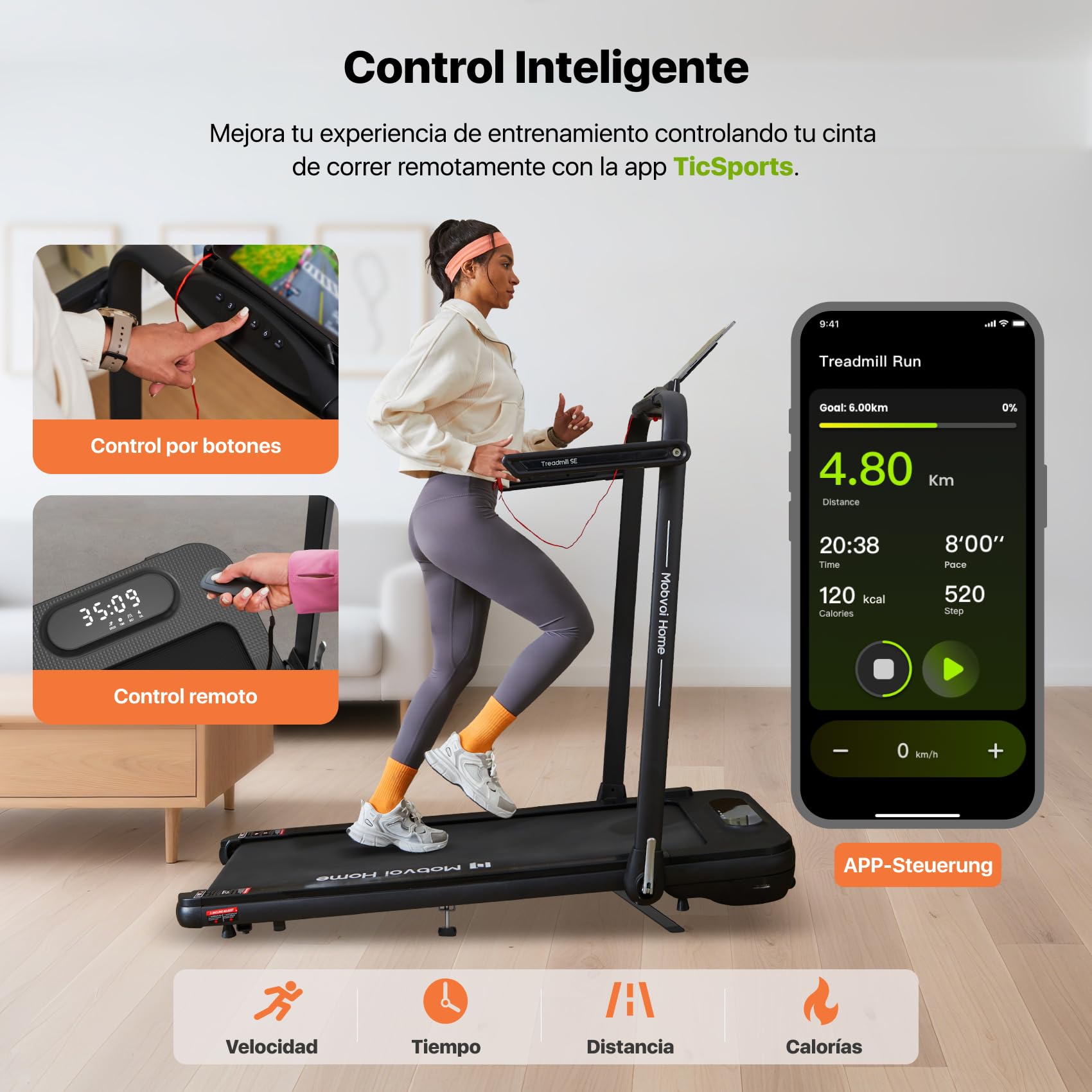 Mobvoi SE 3 en 1 - Smart IA con la App TicSports Cinta de Correr Plegable con Inclinación 6%, 2.5 HP, Portátil para Escritorio, Control Remoto y Pantalla LED