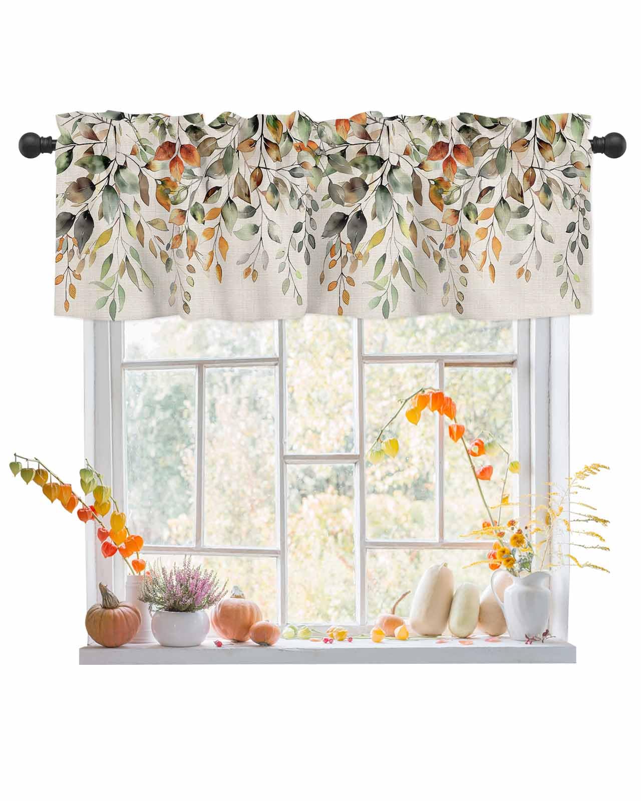 Window Valance for Kitchen, Sage Green Eucalyptus Orange Gradient Rod Pocket Curtain Valances Short Curtains Drapes Panel, Fall Leaves Vintage Linen