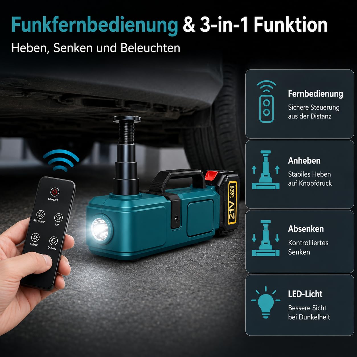 Elektrisch Wagenheber 5T mit Akku, 15,5-45cm Hubbereich