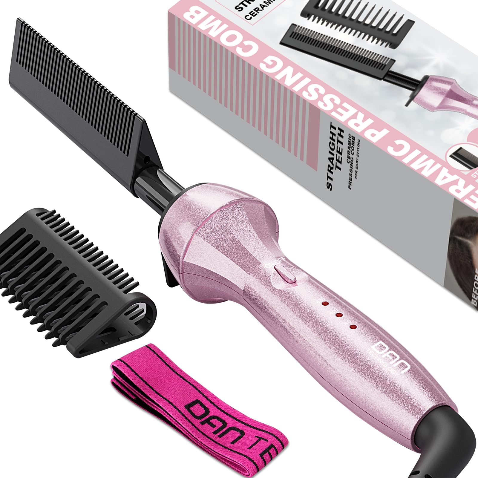 DAN Technology 500 High Heat hot Comb Hair Straightener, Pink, Adjustable Temperature, Dual Voltage, for Wigs, Professional Pressing Comb for African American Hair