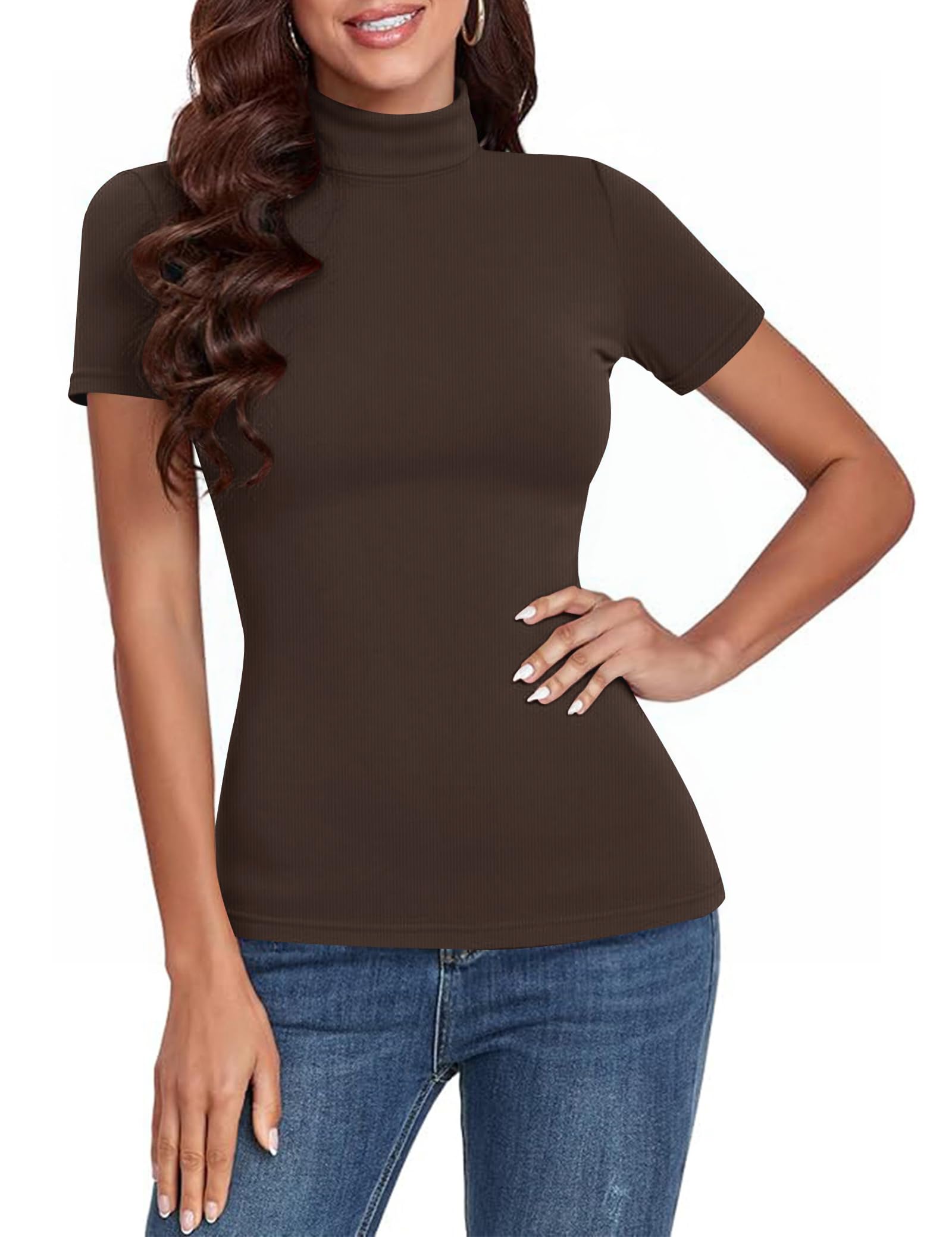 Totatuit Damen T-Shirt Kurzarm Gerippt Slim Fit Oberteile Elegant Basic Sommer Casual Stretch Tshirt mit Stehkragen Rollkragenshirt Tops S-XXL