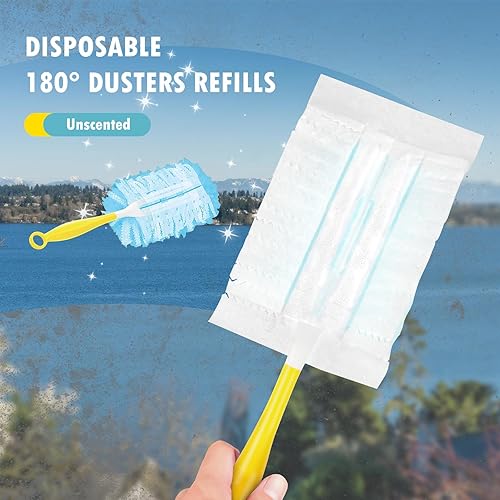 Miniatura 2 de 30 repuestos de plumero compatibles con Swiffer Dusters 180  Mango extensible, reemplazo de plumero multisuperficie resistente de 180 con 1 mango
