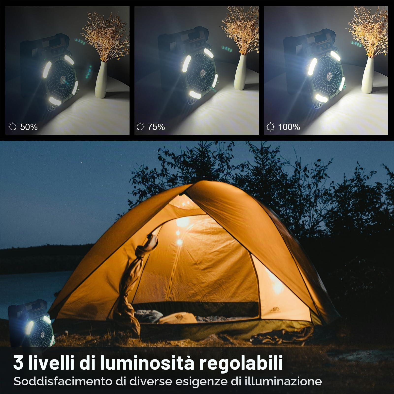 GY Ventilatore da campeggio con timer, 4 velocità, ventilatore USB ricaricabile 10400 mAh, solare portatile per pesca