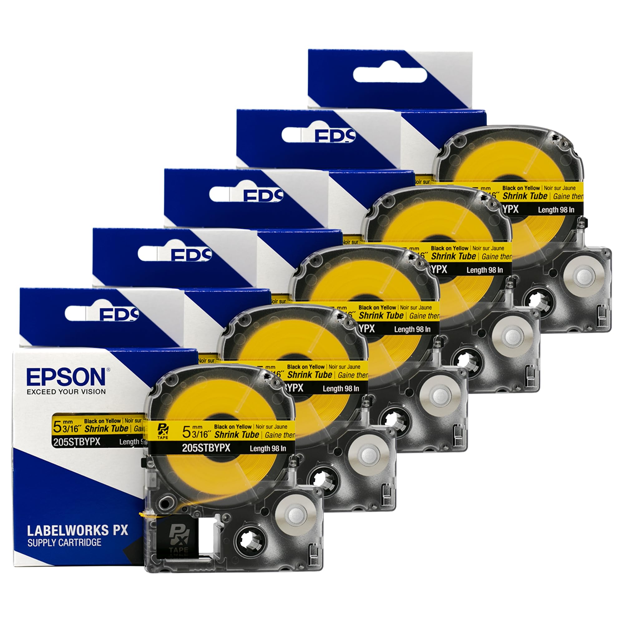 Epson LABELWORKS 205STBYPX-5PK Genuine Tape Cartridge - Black on Yellow Shrink Tube Industrial Label Maker Tape - AWG 8-12, 3/16" (5MM) Wide, 8 ft (96