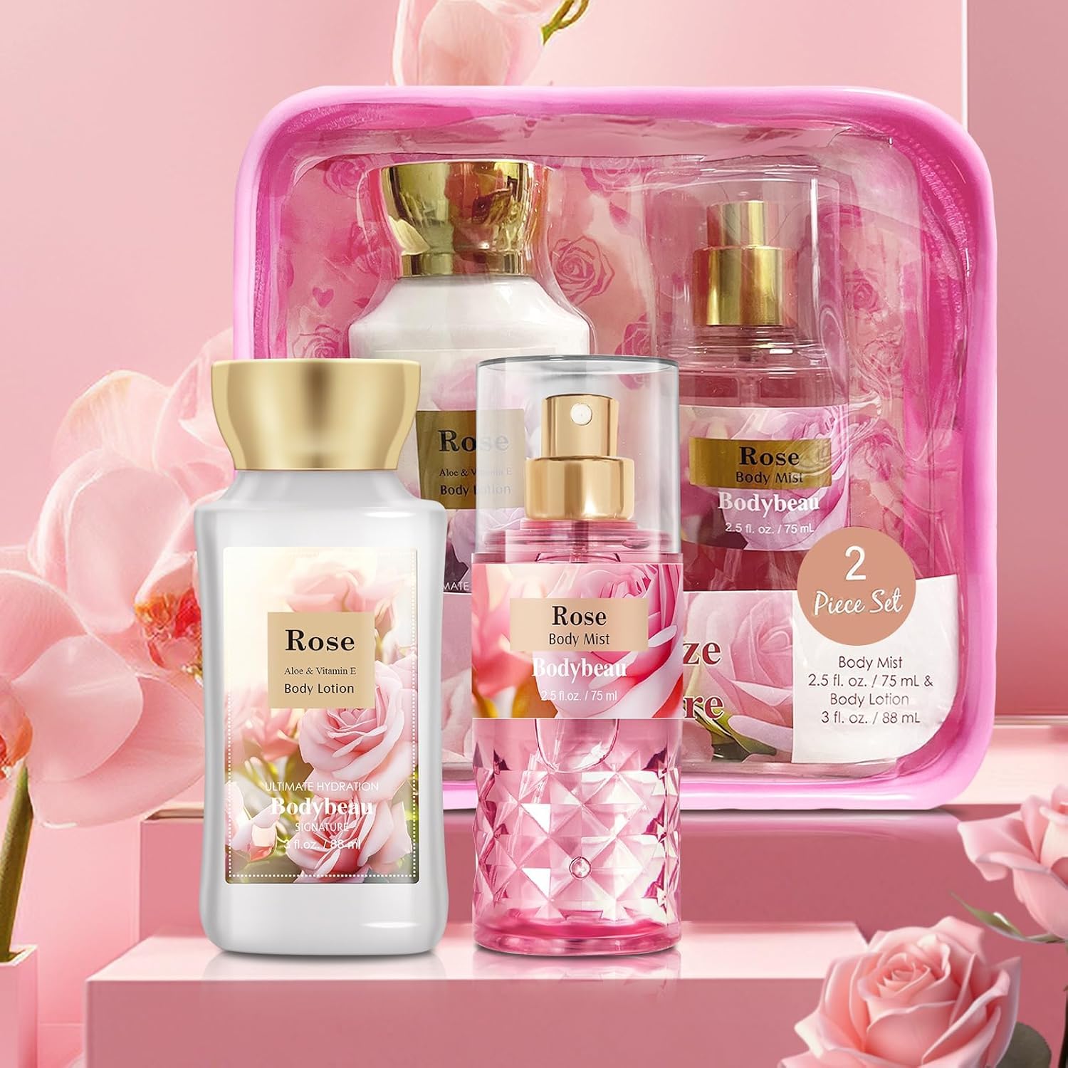 Set regalo da bagno e corpo per donne e ragazze, rosa, 2 pezzi, lozione per il corpo e spray per il corpo, set da viaggio portatile per la cura personale, ideale come regalo di compleanno o