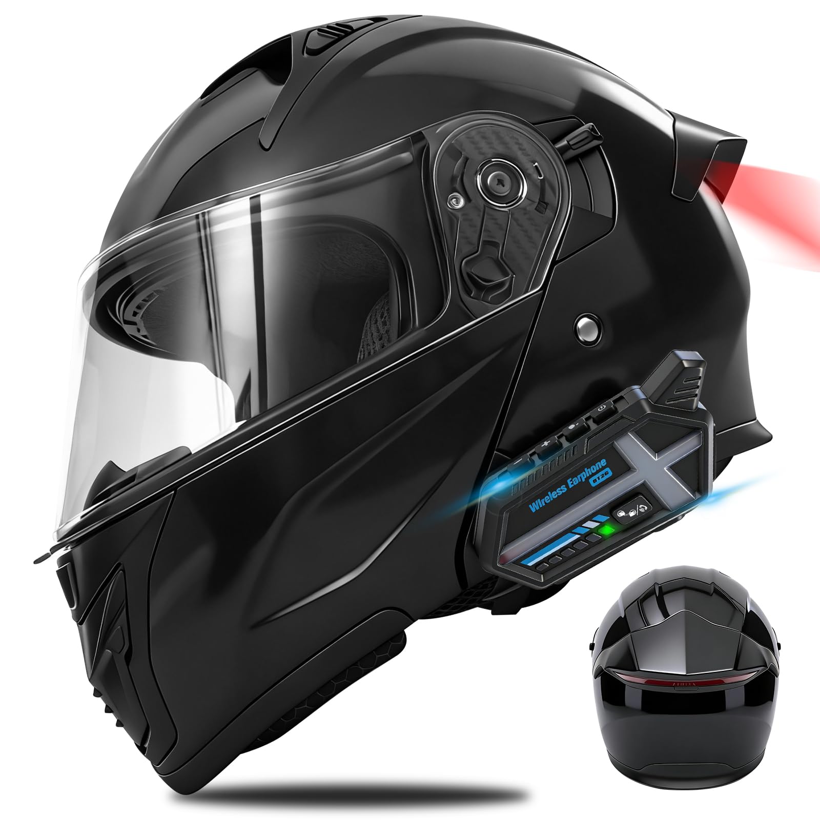 Bluetooth Modular Motorcycle Helmets with Tail Lights, DOT Approved Flip Up Full Face Motorcycle Dual Visor Helmet, with Dual Speakers and Microphone, for Adults Men and Women