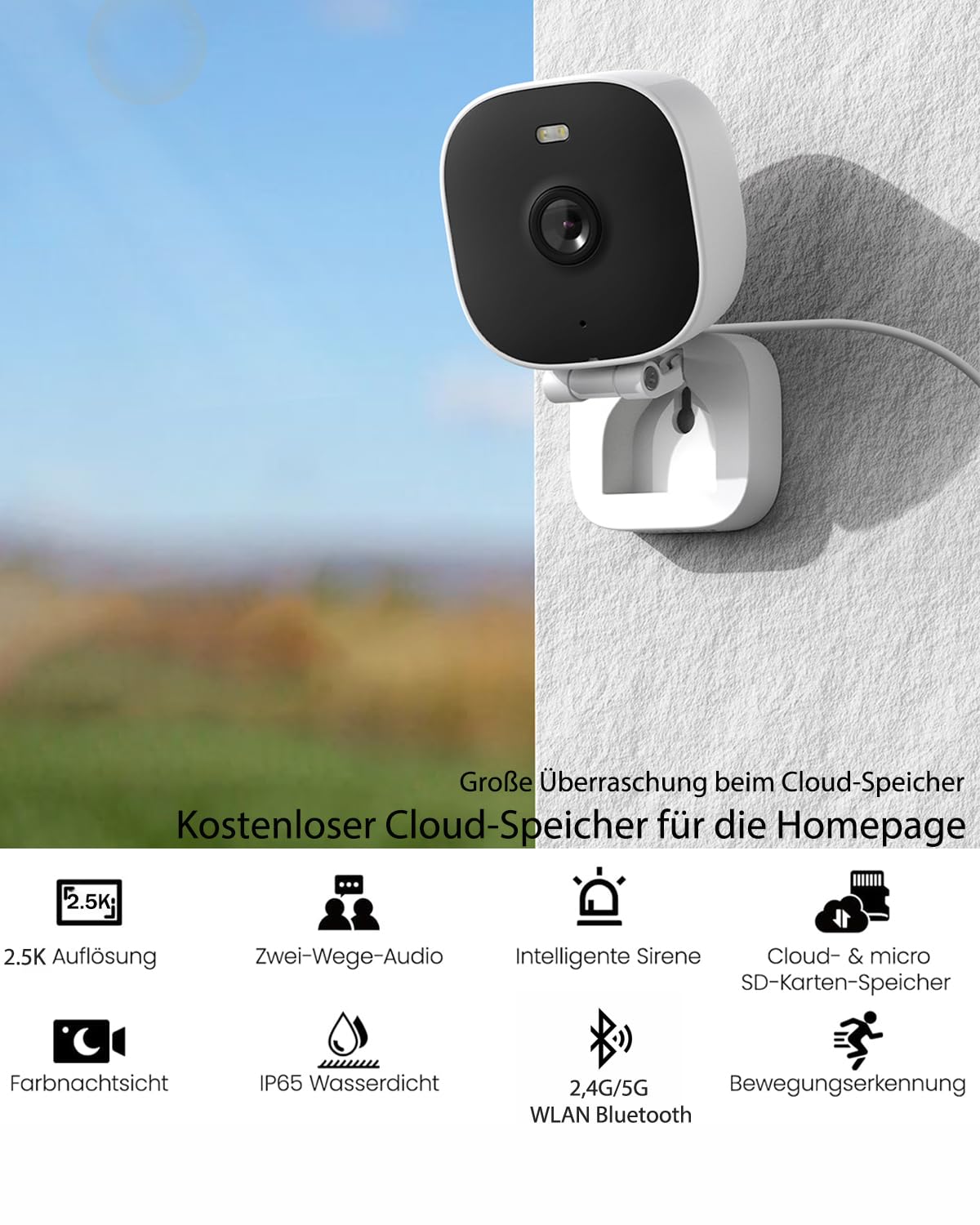 Vimtag Telecamera Esterno, IP66 Impermeabile, 2.5K/4MP Mini Telecamera con Visione Notturna a Colori, Videocamera Sorveglianza Interno WIFI con Rilevamento Movimento, Scheda SD, Compatibile con Alexa