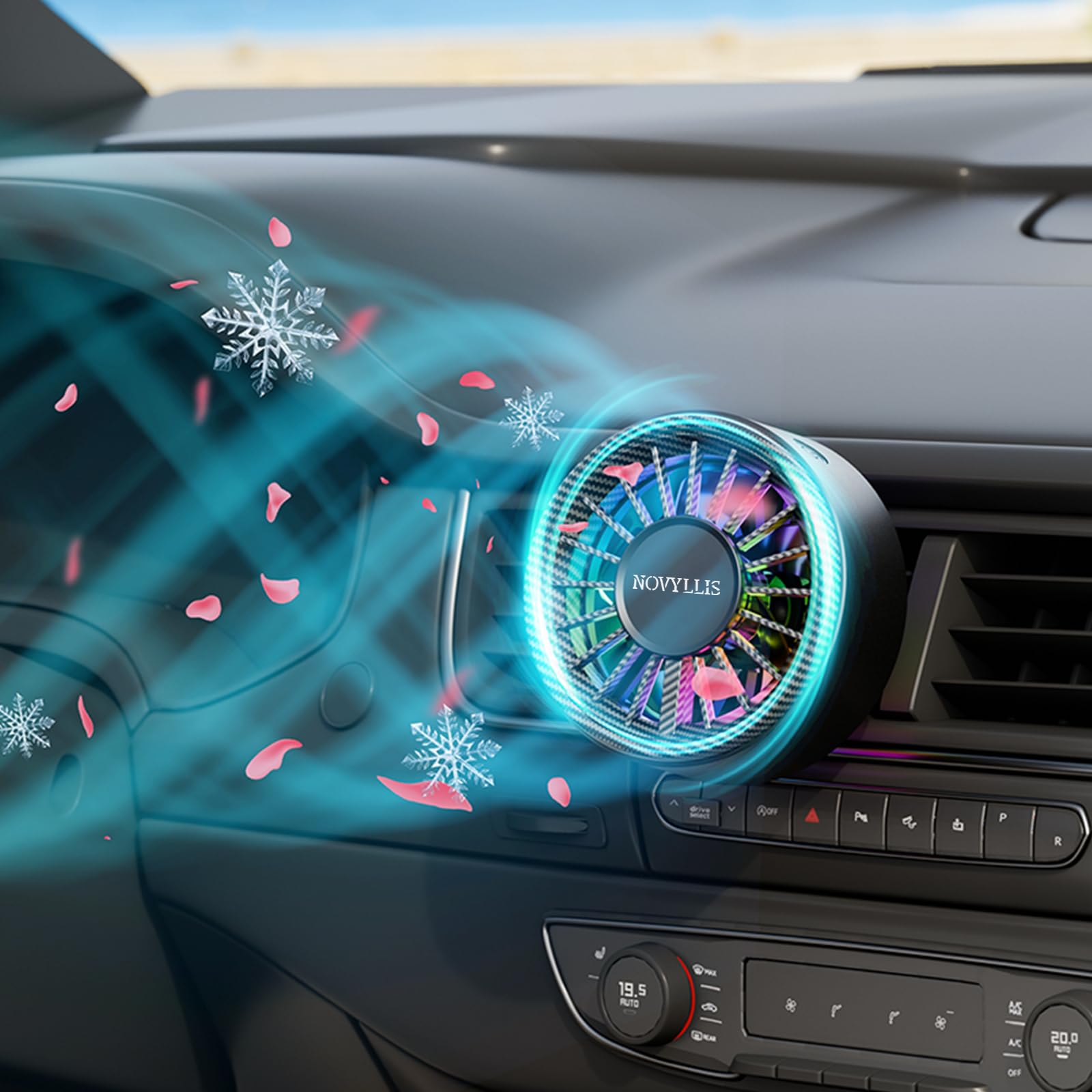 Novyllis-USB Car Air Freshener Fan with Multi-Color Lights and Three Powerful Speed Settings, 360-Degree Rotating Car Vent Clip-On Air Freshener Light Fan, Suitable for Cars, Trucks, SUVs, and RVs