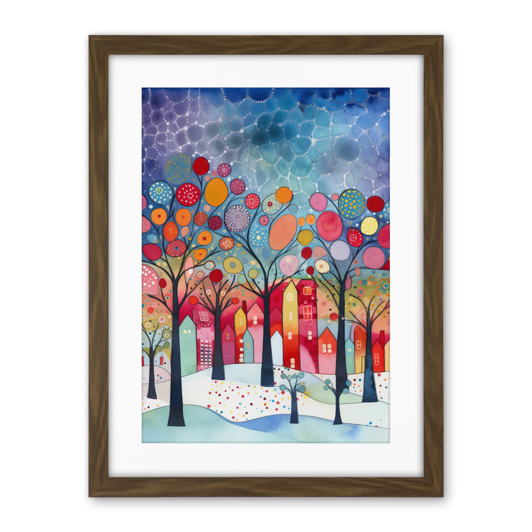 Artery8 Winter Abstract Village Folk Art Artwork Framed Wall Art Print 18X24 Inch