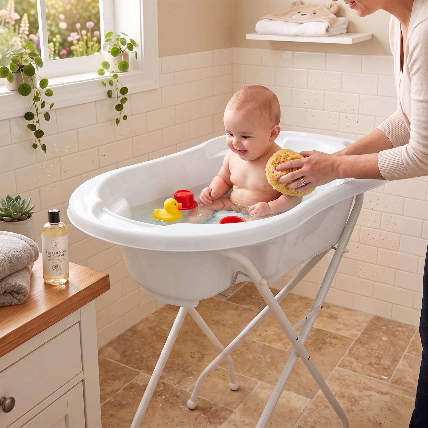Vasca da bagno per bambini con riduttore integrato, colore: bianco + piedistallo