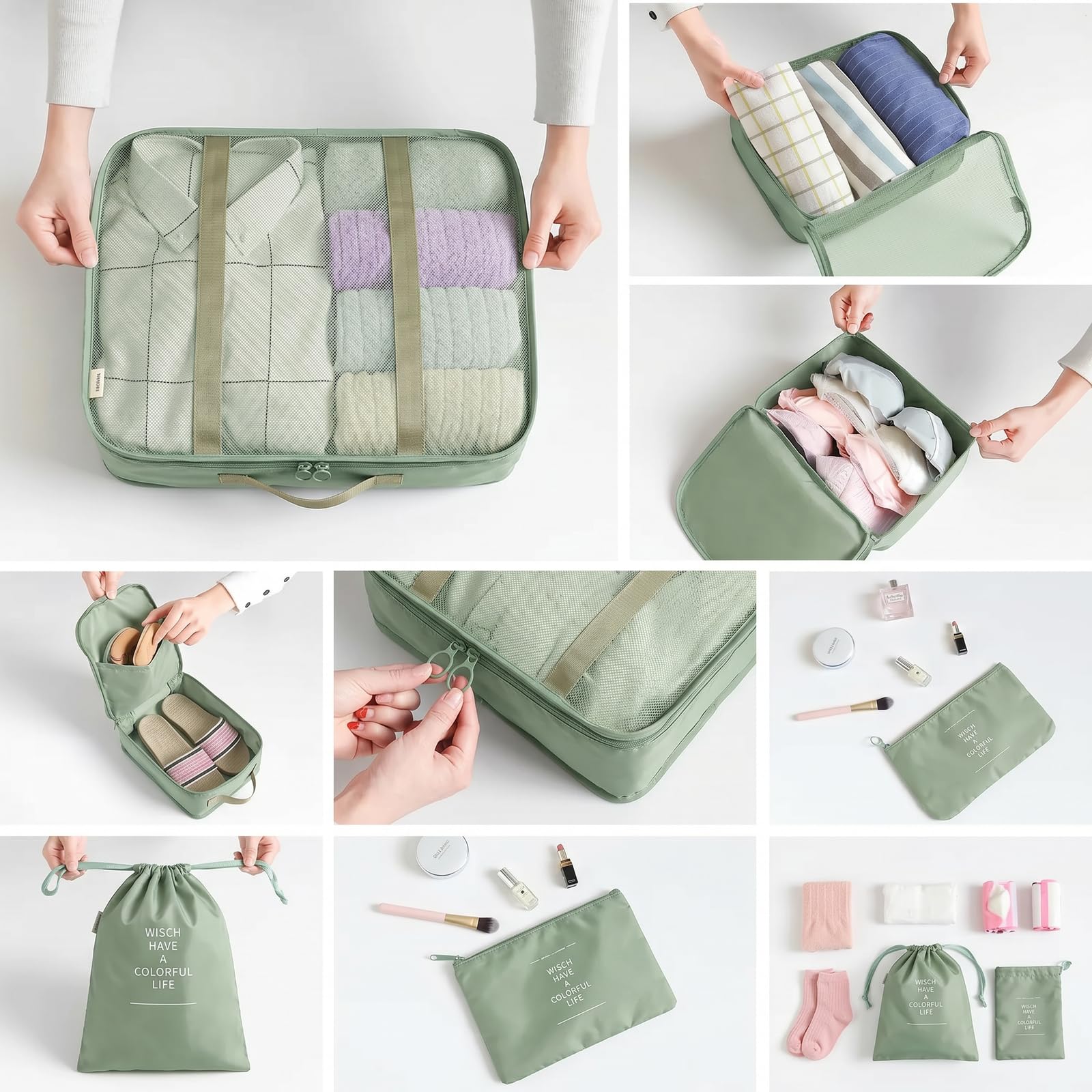 LANSKLBD 6/8 Set Packing Cubes for Suitcases Travel Luggage Packing Organizers,Travel Accessories Essentials Luggage Organizer with Shoe/Tioletry/Laundry Bag (Matcha Green, 8 set) view 4