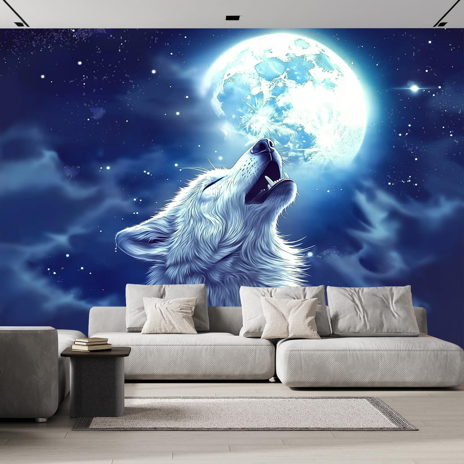 Papier Peint Panoramique Loup Blanc pour agrandir un salon avec une décoration moderne