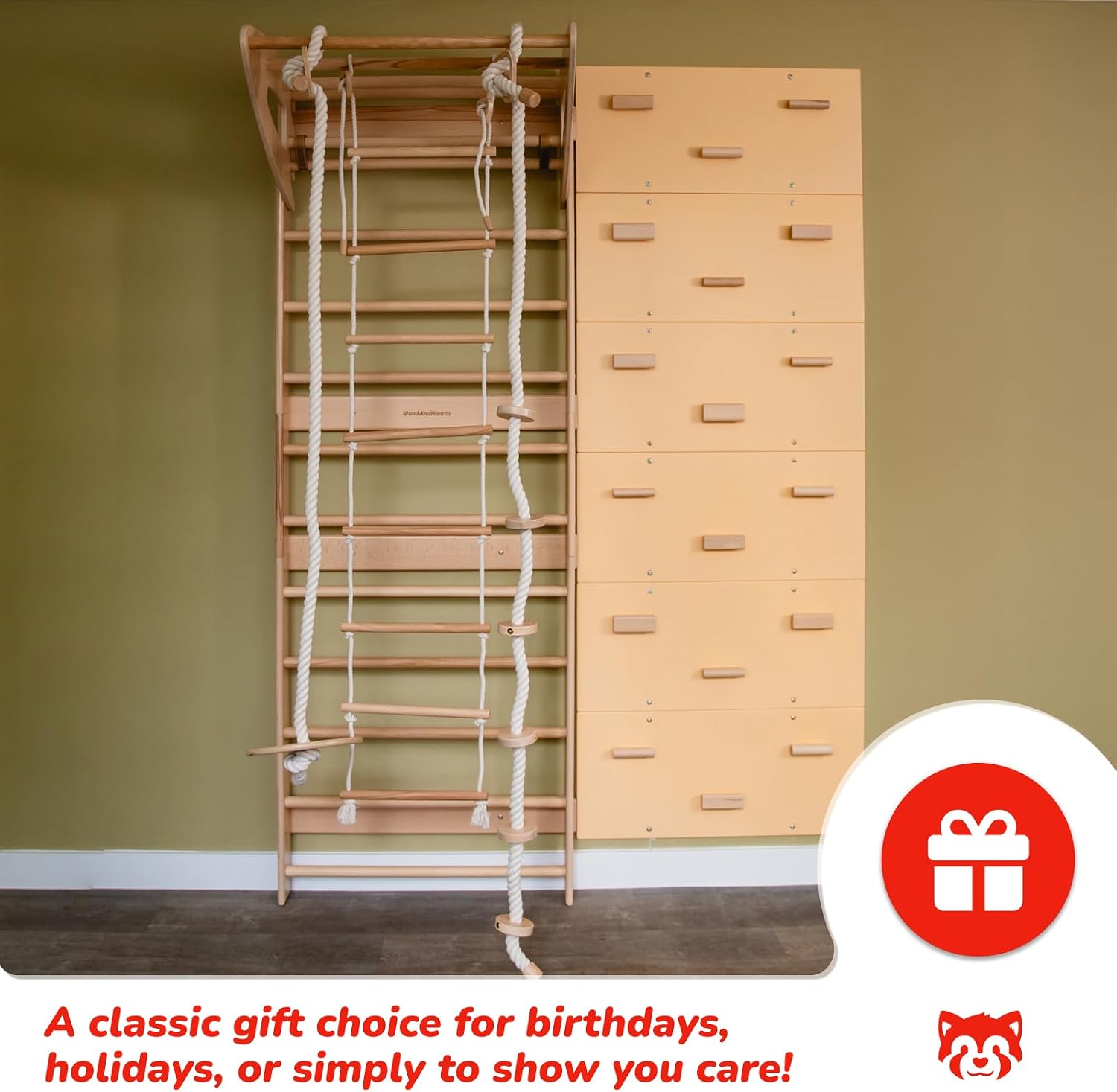 Woodandhearts Adjustable Swedish Ladder Wall Gym - 6in1 Gym Set with 6 Climbing Wall Panels, Gymnastics Rings, Climbing Rope, Swing & Rope Ladder for Ages 3-16 (75–90 Inch, Soft Sand + Natural Wood)