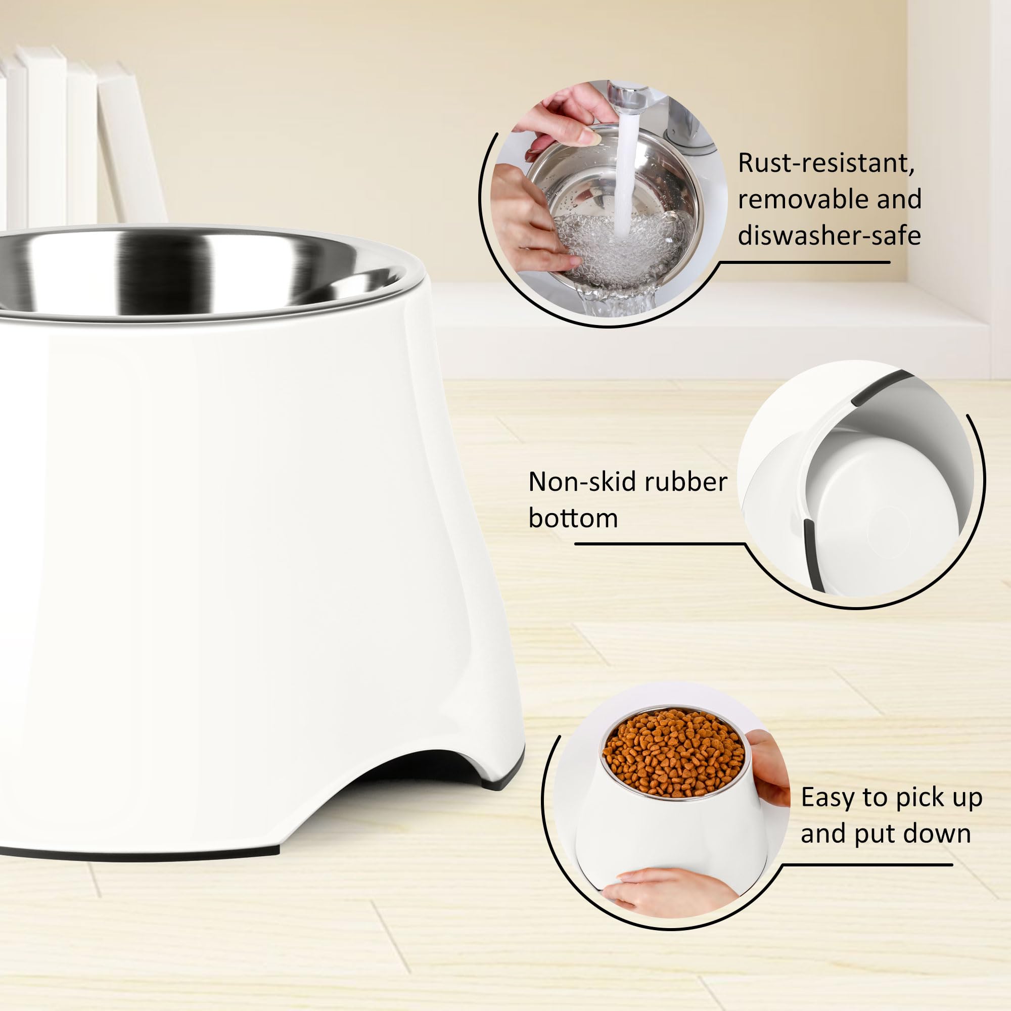 Hundenapf, kegelfreundlich, rutschfest, mit Edelstahl-Innenseite, erhöhte Näpfe für kleine Hunde, Spaniel-Hunde, langes Ohr, hohe Kapazität, M/2 Tassen, Weiß