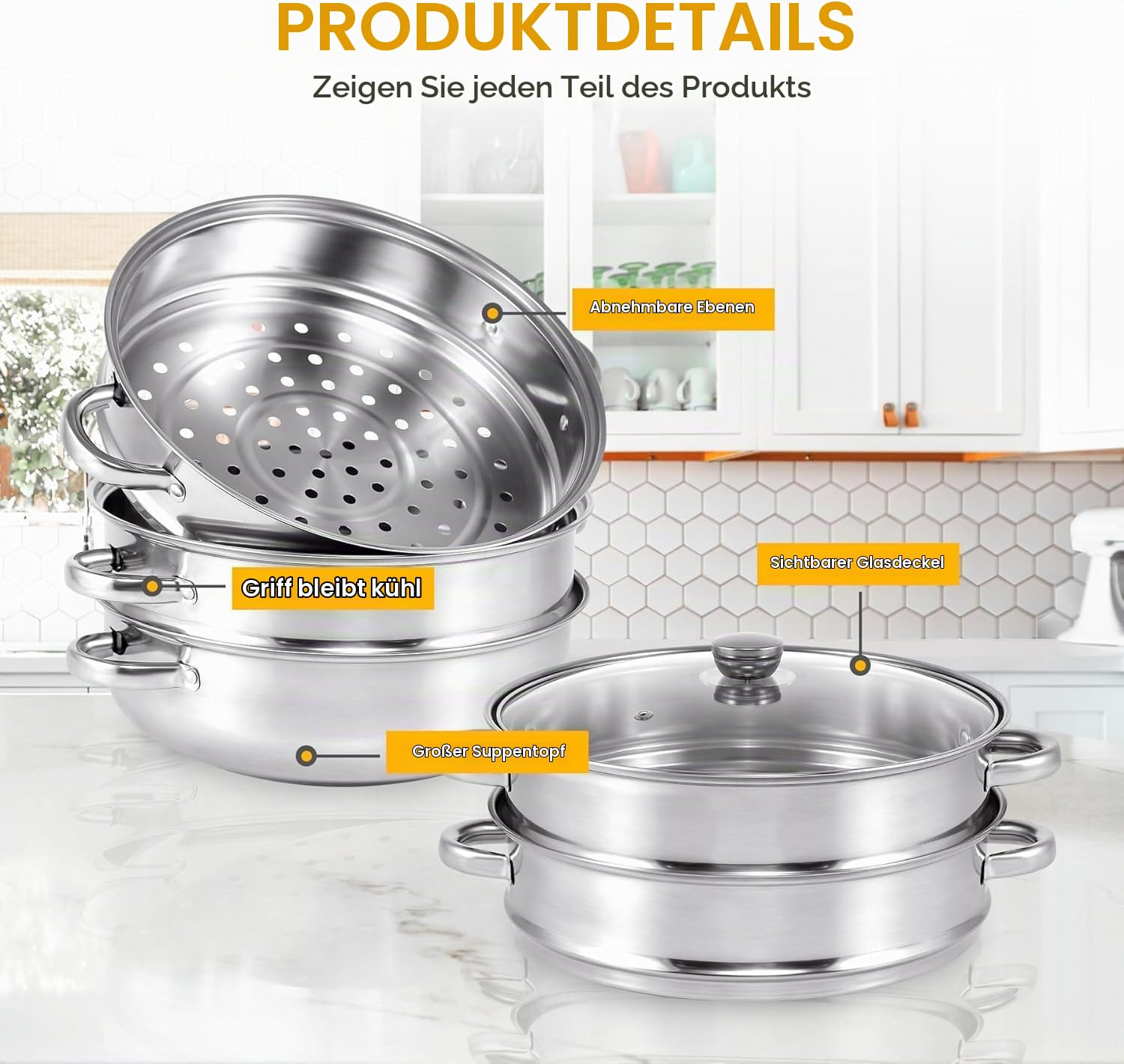 5-Tier Dampfgarer aus Edelstahl 30cm | Biodampfkocher mit Glasdeckel | Silver Dämpfer für verschiedene Herdarten | Gemüse-/ Kartoffeldämpfer | Edelstahldampfer | Spülmaschinengeeignet (28 cm)