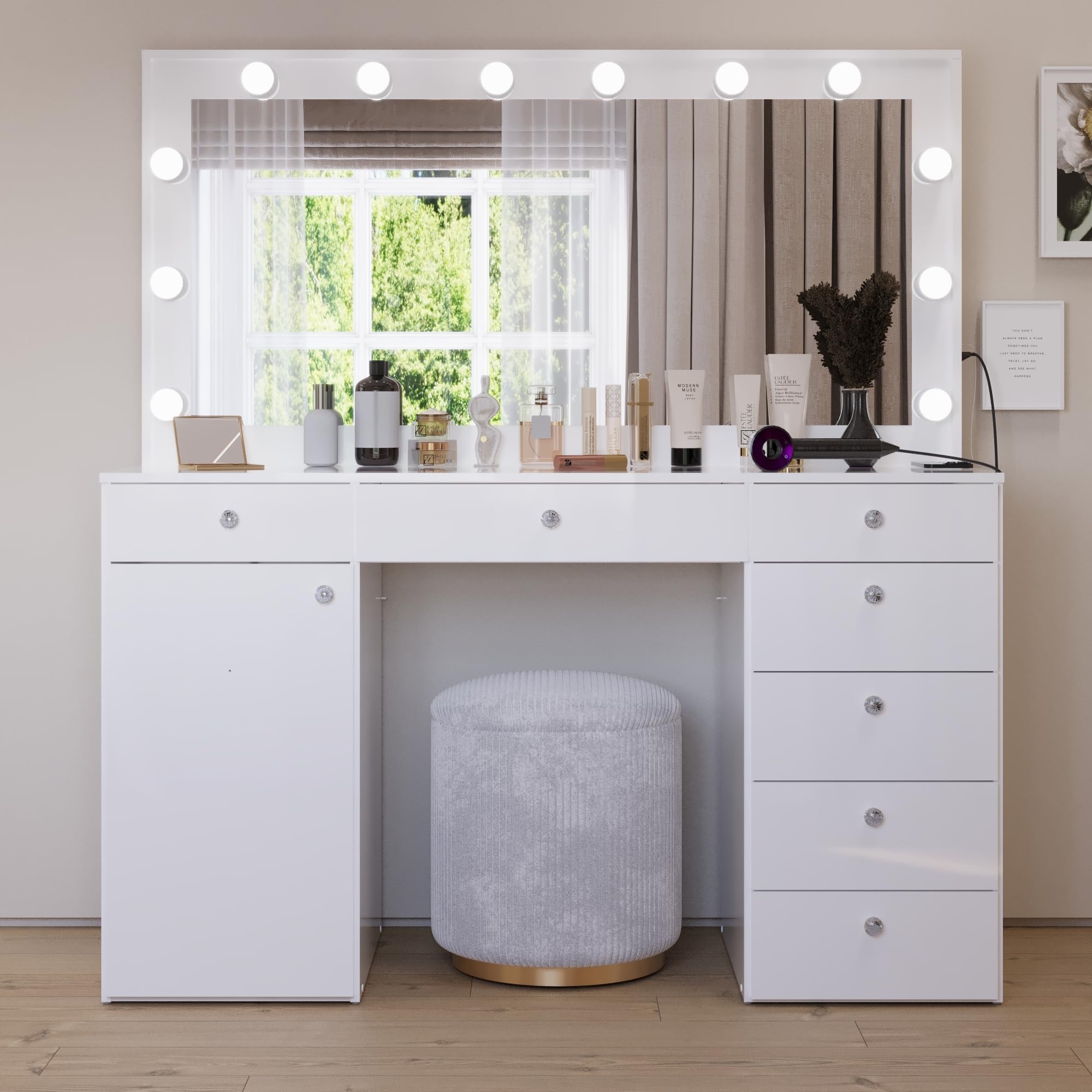 Boahaus Extra Large Makeup Vanity Desk with Built-in Hollywood Mirror Lights, Jezebel, 7 Drawers, USB-C/USB Outlets, White