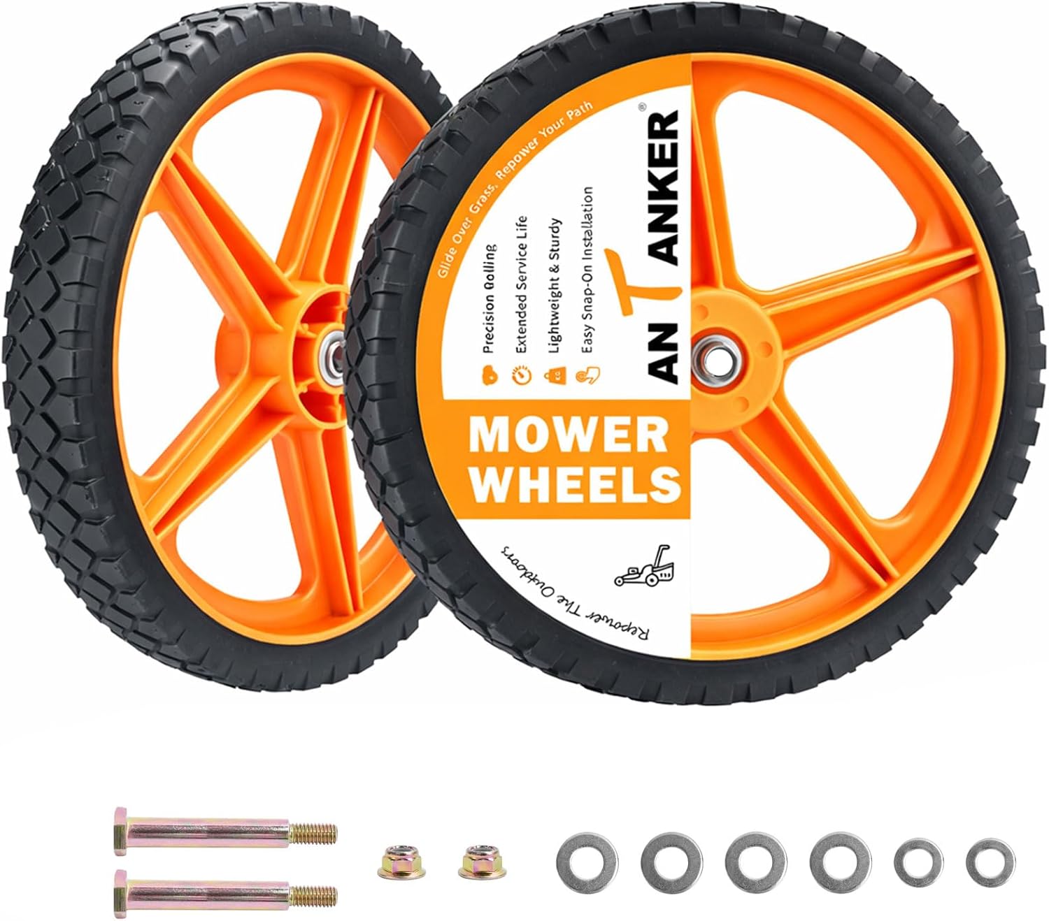 16" Lawn Mower Wheels, 16 x 1.75 Inch Spoked Plastic Wheels, 1/2" Bore, Heavy Duty Replacement Wheels for Push Lawn Mowers, Garden Carts, Yard Equipment And More (2 Pack)