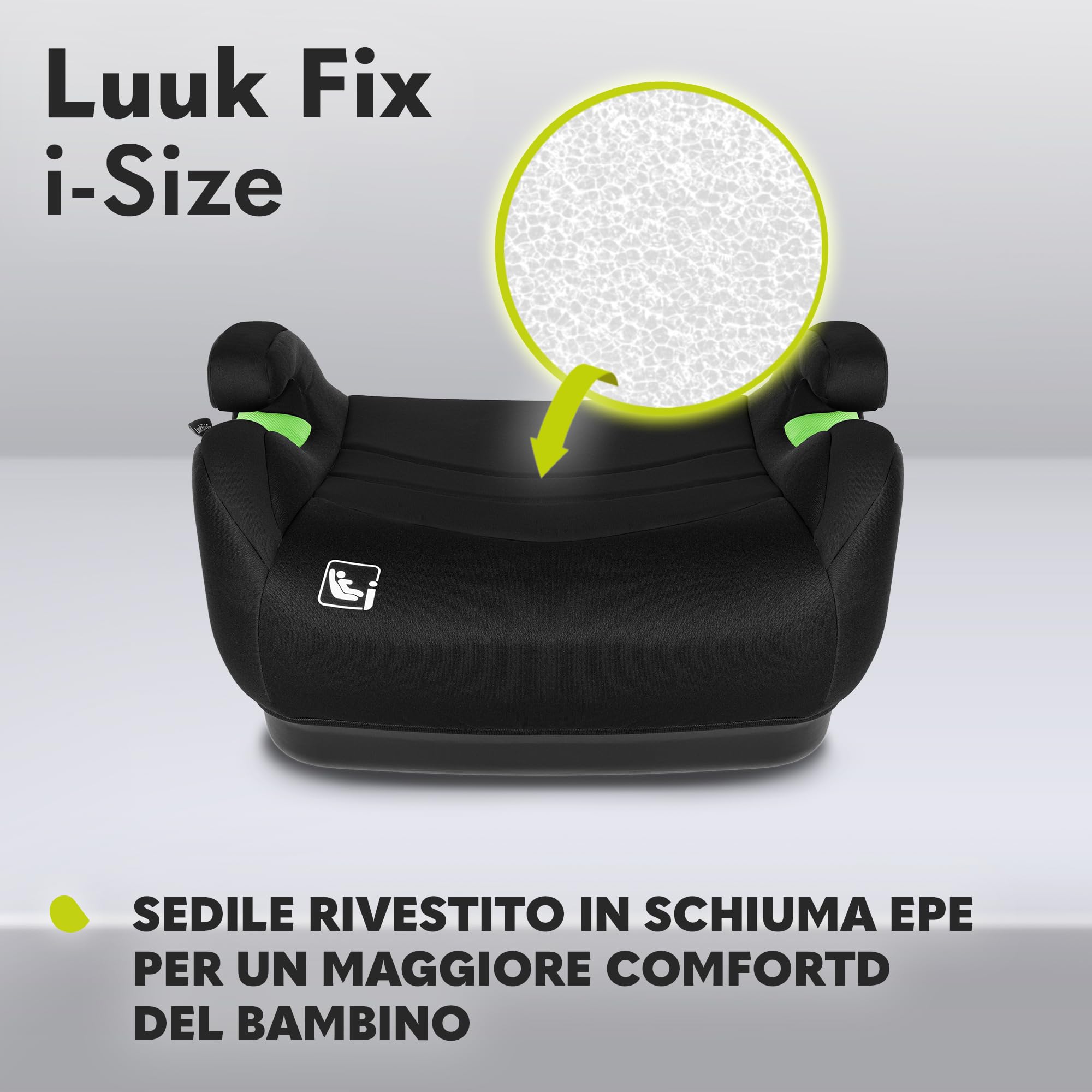 Lionelo LUUK FIX Seggiolino rialzo auto per bambini 22-36kg 125-150cm con ISOFIX e l'ultimissimo i-Size Standard R129, Rivestimento traspirante e lavabile, Schiuma adattiva, Car Booster con Braccioli