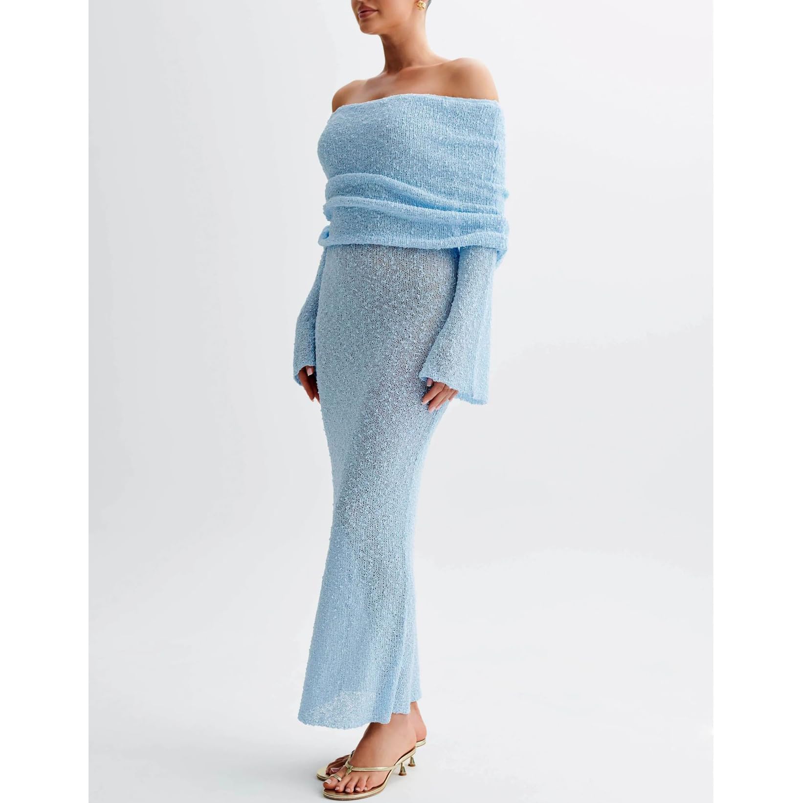 Donne Fuori della Spalla a Maglia Svasato Manica Bodycon Spiaggia Casual Coprire su Abiti,Blu,S
