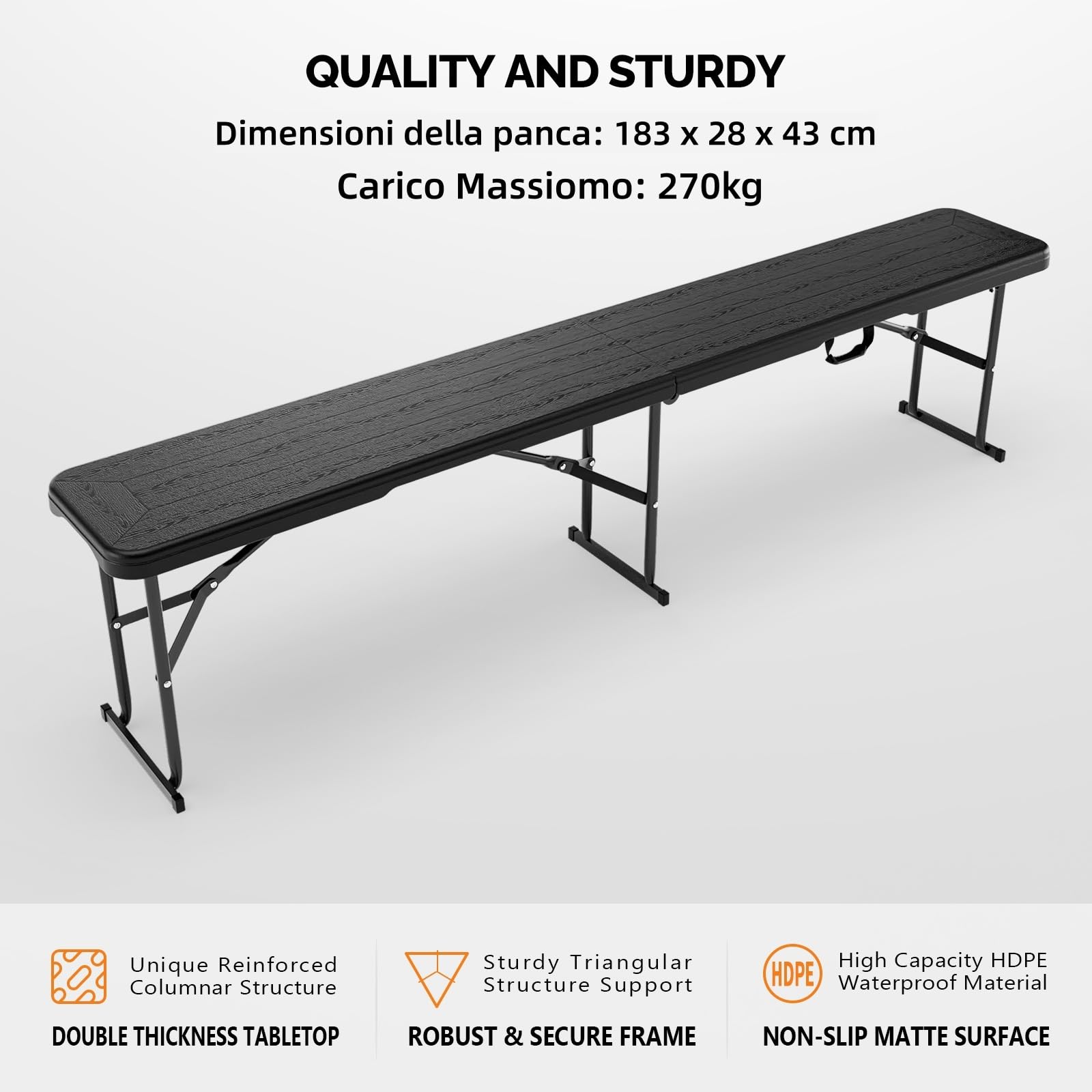 Bonnlo Panca Pieghevole in Plastica da Esterno 183 x 30 x 42cm, Sedia da Campeggio, Panchina da Campeggio Portata 270kg (2, Nero)
