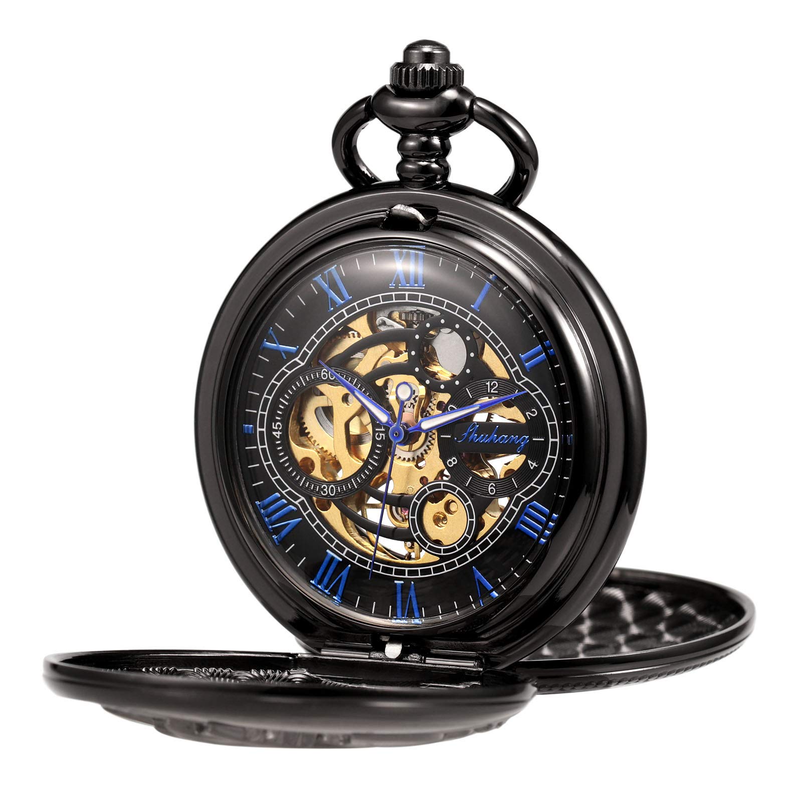 TREEWETO Montre de Poche Unisexe Mécanique à Double Couverture Complète en Métal Alchimiste Squelette Steampunk pour Hommes Femmes avec Chaîne