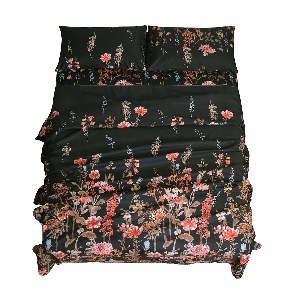 YEPINS Microfiber Bed Sheet Set, Floral and Branch Printed Pattern Design, 4 Piece(1 Fitted Sheet Deep Pocket and All Around Elastic, 1 Flat Sheet, 2 Pillowcases), Black Color- Twin Size