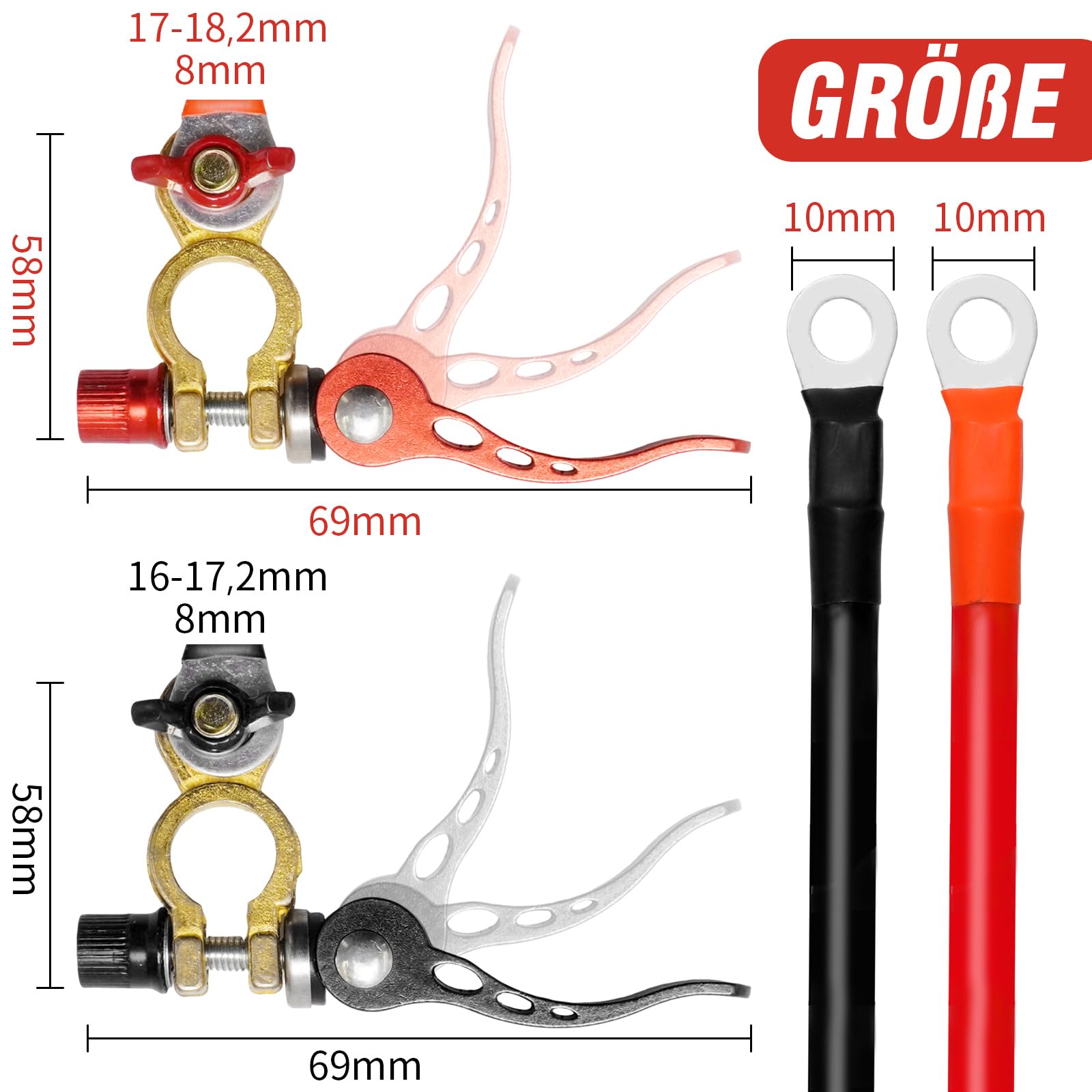 25mm² 100cm 3AWG Batteriekabel mit M8/M10 Ringkabelschuhen, 120A 300V Wechselrichter-Anschlusskabel, Kupferkabel für 12V/24V Autobatterie