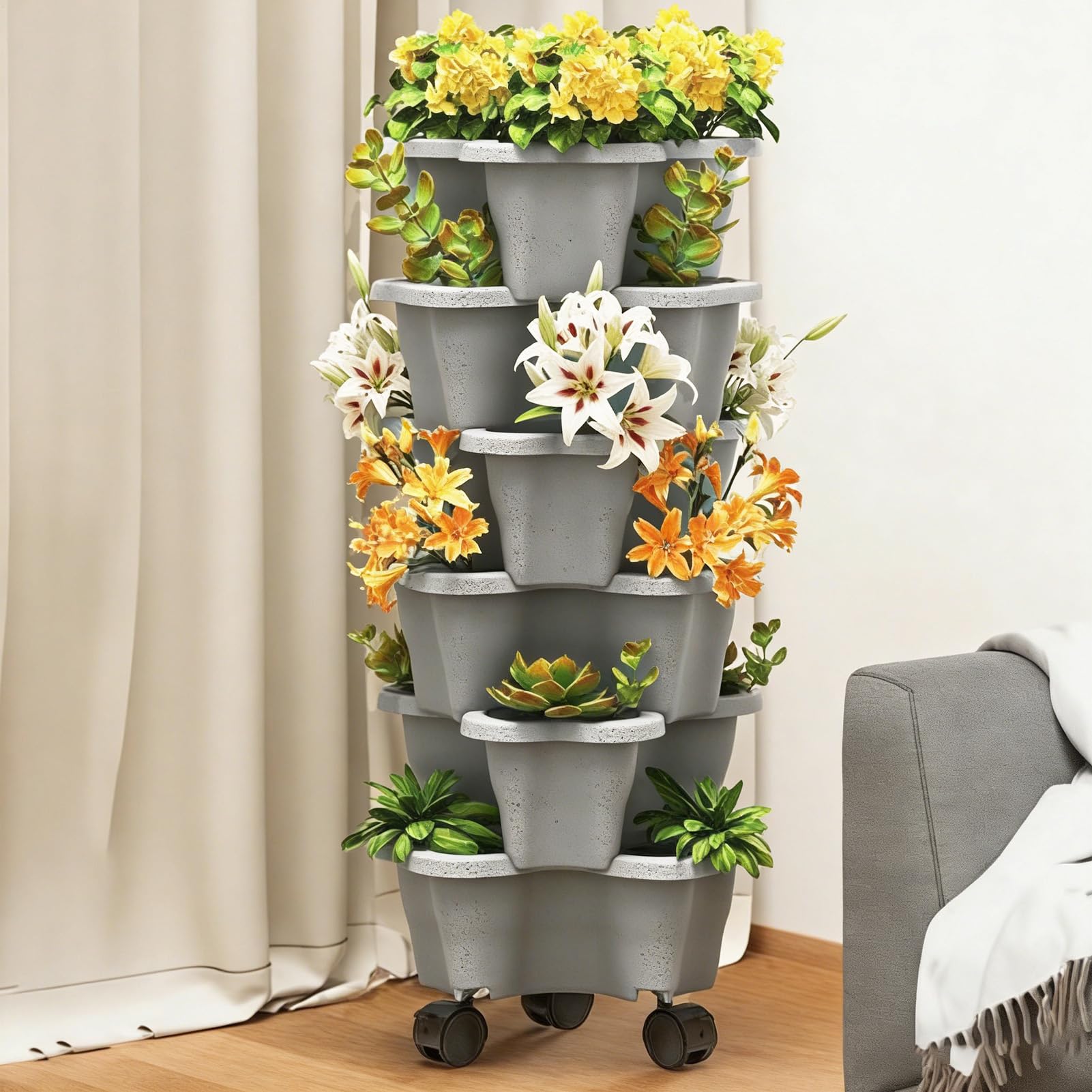 Jardinera Fresas | Torre Fresa Sobre Ruedas 6 Niveles | Jardinera Verduras Apilable para Exteriores e Interiores | Maceta Vertical para Fresas Accesorios Jardín para Frutas, Verduras y Plantas