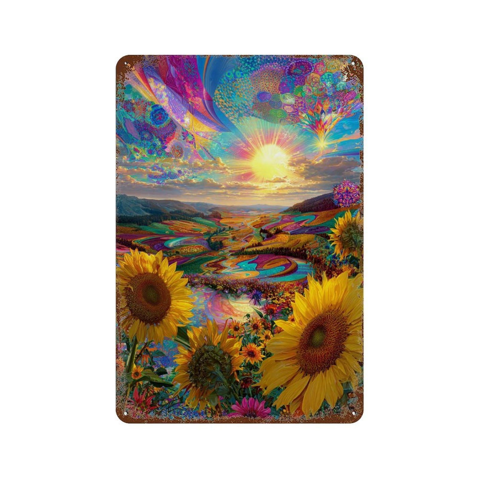 Psychedelic Sunflower Fields Vintage Metal Tin Sign 11.8"x7.9", Rustic Home Decor for Garage, Bar And Workshop Decor