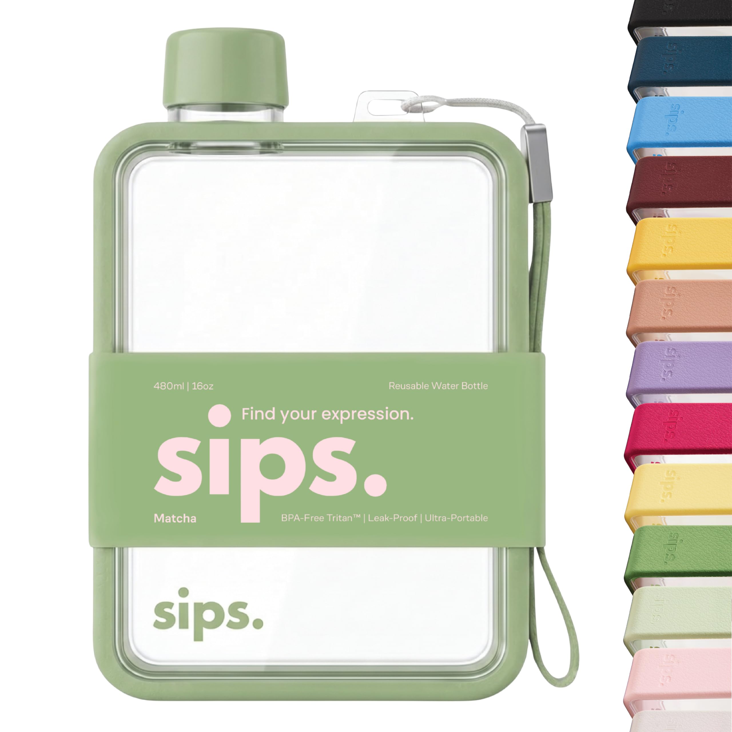 Sips. Flat Water Bottle 480ml, BPA Free Tritan Small Water Bottle for Purse, Gym, Travel, Leakproof, TPU Grip, PU Strap, 17 Colors