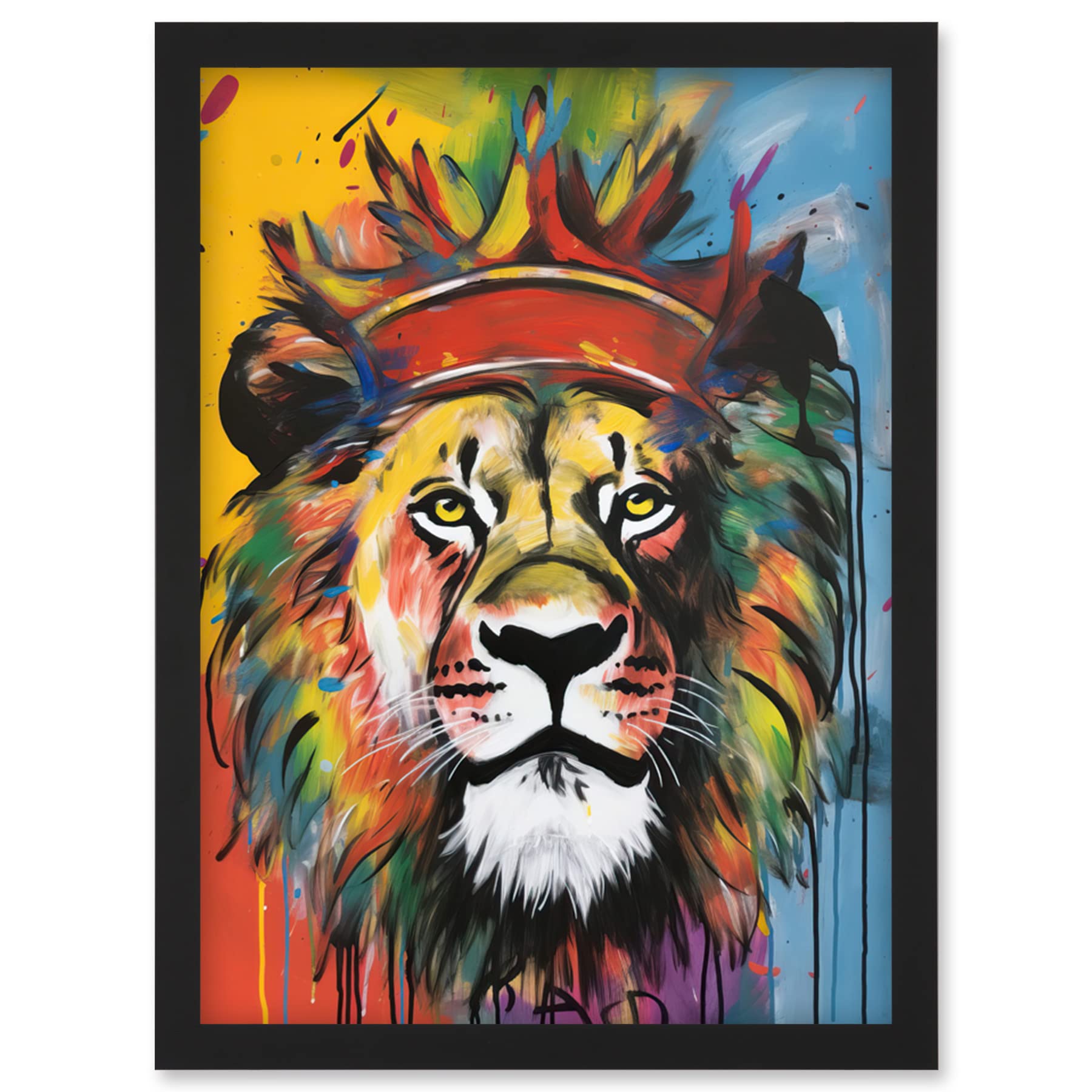 Artery8 King of the Jungle Lion with Crown Modern Pop Art Artwork Framed Wall Art Print A4