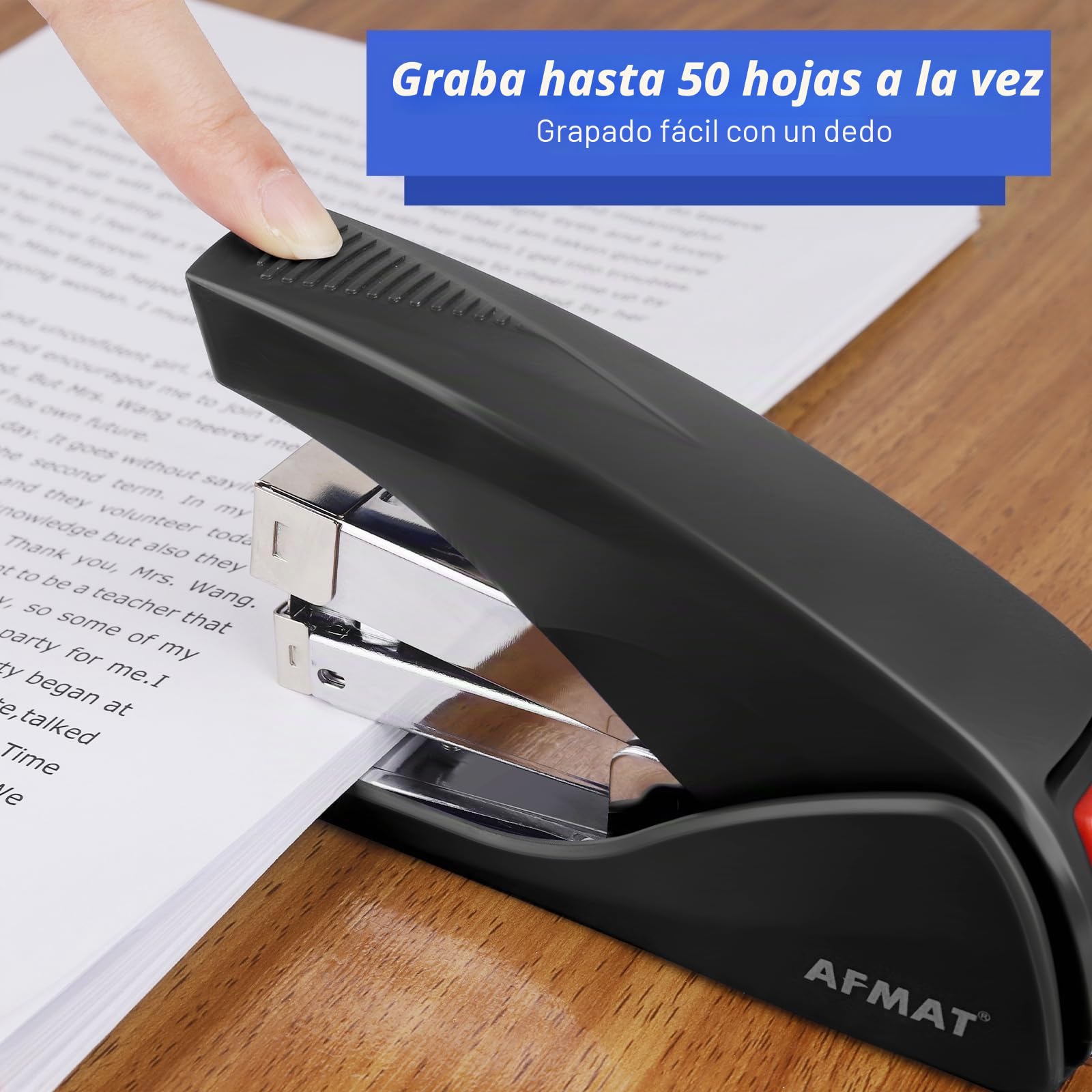 AFMAT Grapadora de escritorio sin esfuerzo, capacidad de 50 hojas, ergonómica, grapadora de oficina para grapar con un dedo, tamaño que ahorra espacio para el hogar, la oficina ES10