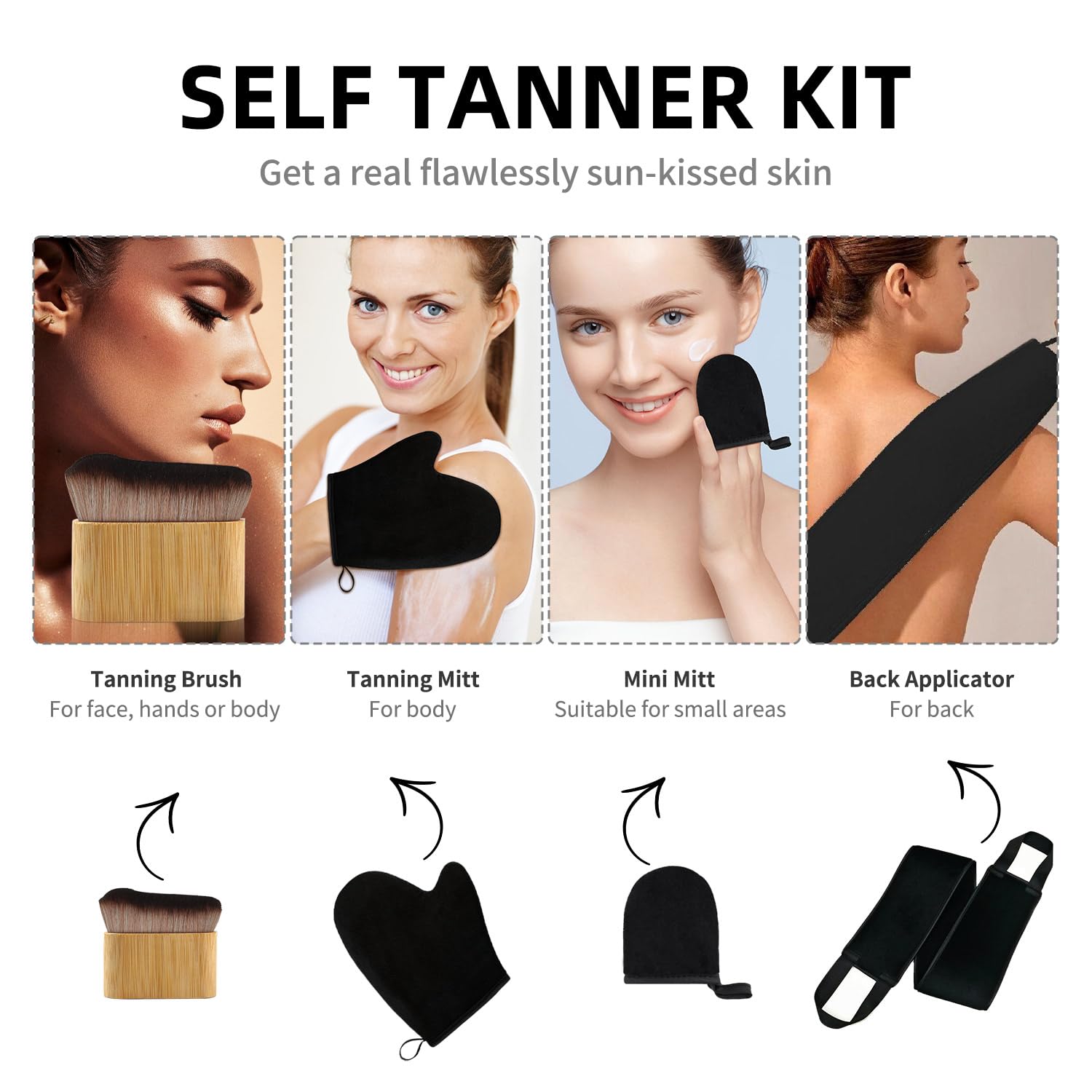 FUNAN Self Tanning Application Kit, 4-Piece Set including Back Applicator, Mini Mitt - Image 3