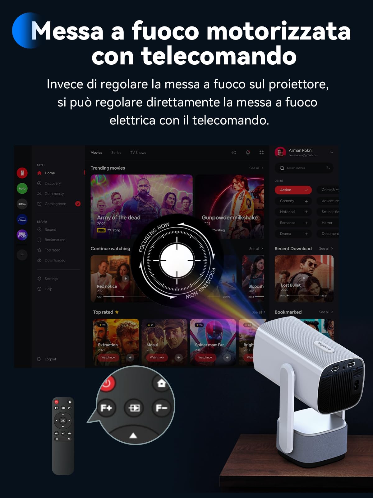 SOOMFON Mini Proiettore Portatile con WiFi e Bluetooth - Video Proiettore Soffitto Supporto 1080P per Smartphone Messa a Fuoco Elettronica Auto Keystone con USB/HDMI/TV Stick/iPhone/Android