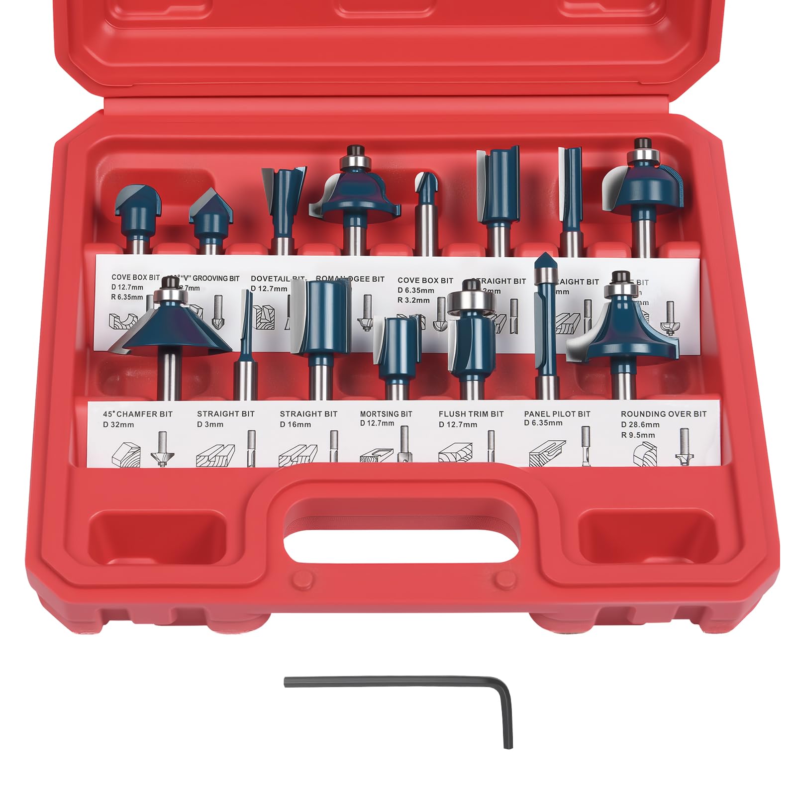 flintronic Fraises Defonceuse 6.35mm, Coffret de 15 Fraises Tige de 6.35mm 1/4", Coupe-outils pour Travail Bois à Pointe en Carbure de Tungstène, Tige Forets en Acier Forgé
