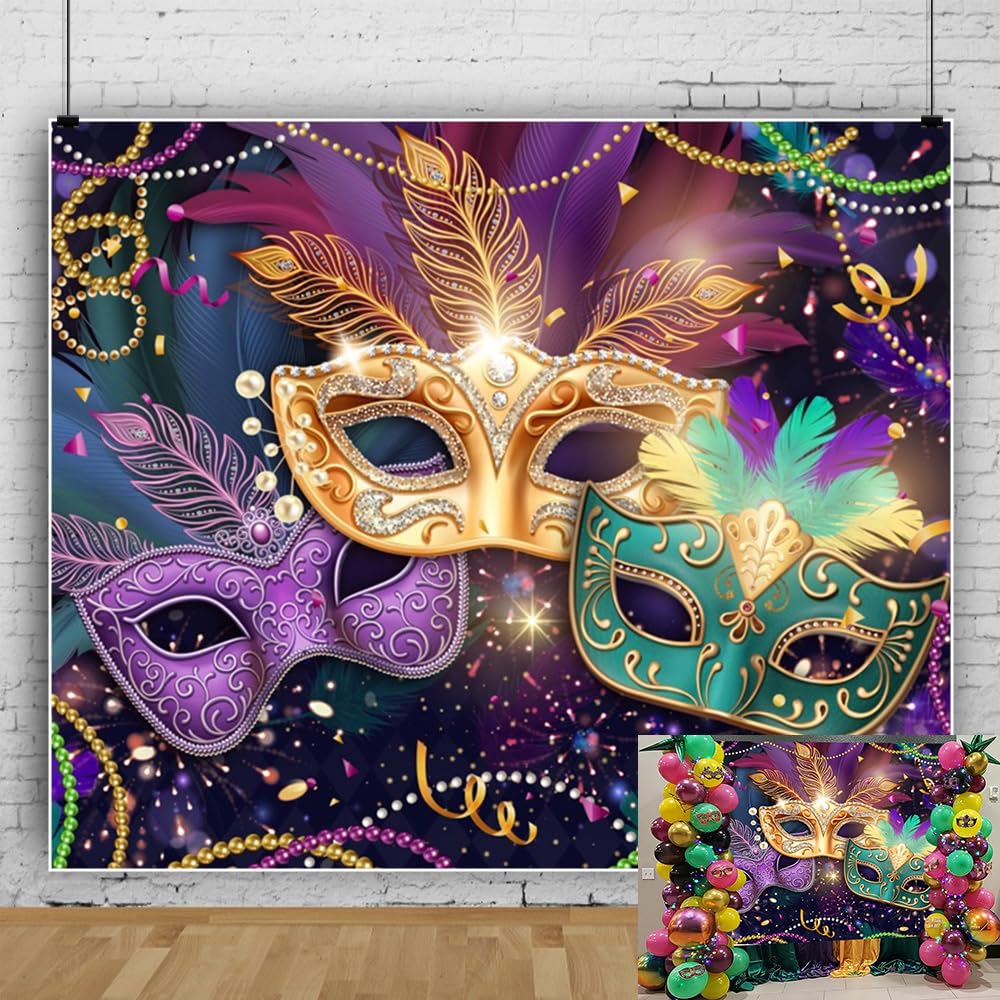 10x8ft Mardi Gras Backdrop Masquerade Carnival Photography Background Mardi Gras Party Decorations Banner Purple-Green Gold Beads Birthday Masquerade Party Supplies Photo Booths Props